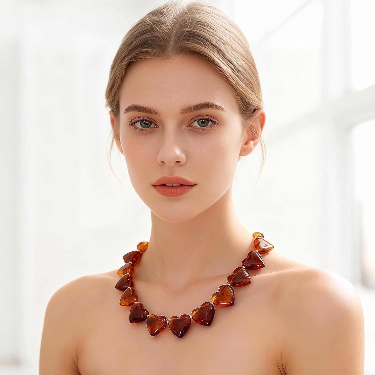 YUJIE Resin Heart Necklace Vintage Statement Necklace for Women Adjustable Chunky Beads Choker Lightweight Acrylic Jewelry - Image 4