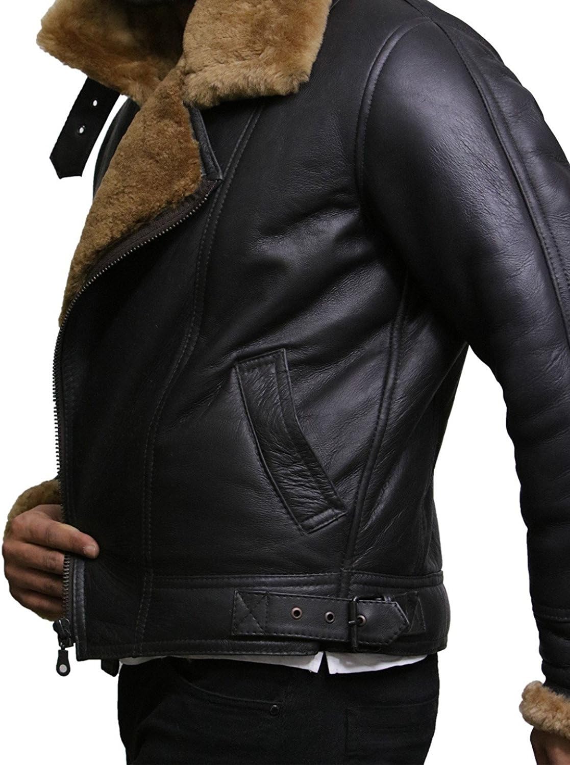 BRANDSLOCK Mens Aviator Pilot B3 Real Shearling Sheepskin Leather Bomber Jacket - Image 5