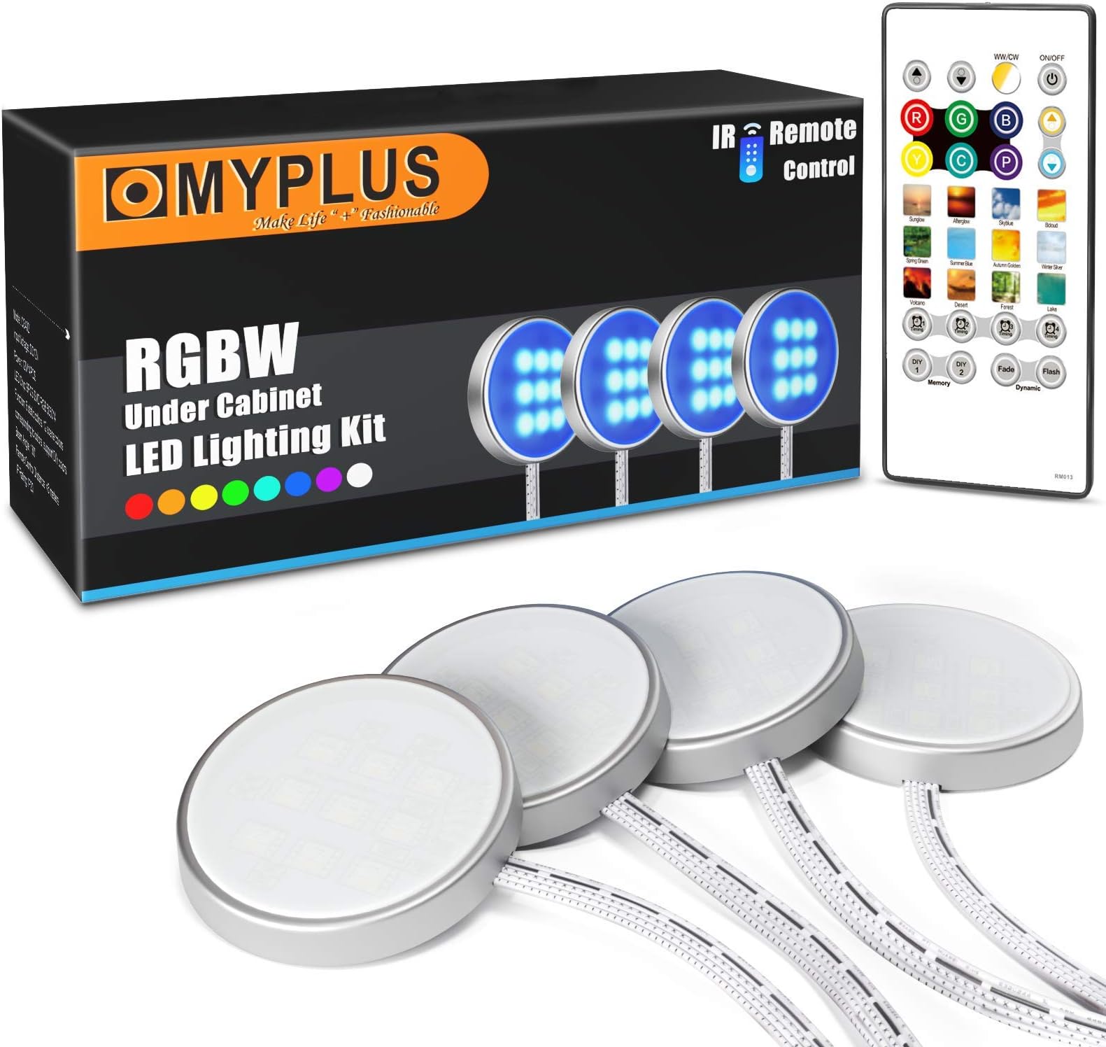 Under Cabinet Lighting, MYPLUS 4 Led Puck Lights Kit with Remote Control Color Change and Natural White,12V Cabinet Lights,20 Single Color,Timing Setting and Dynamic Mode, for Kitchen Cupboard