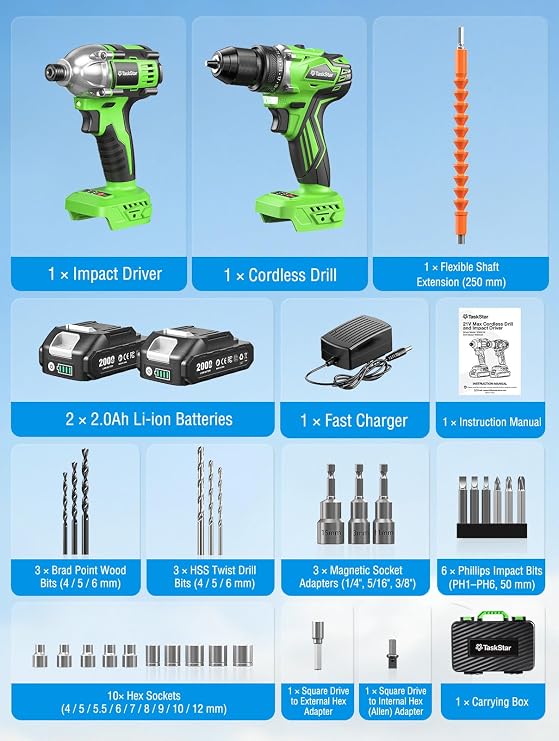 Taskstar 21V Cordless Drill & Impact Driver Combo Kit for DIY Home | Brushless motor, 22.0Ah batteries & charger, 42-pcs accessory, case, for home improvement, woodworking, auto repair