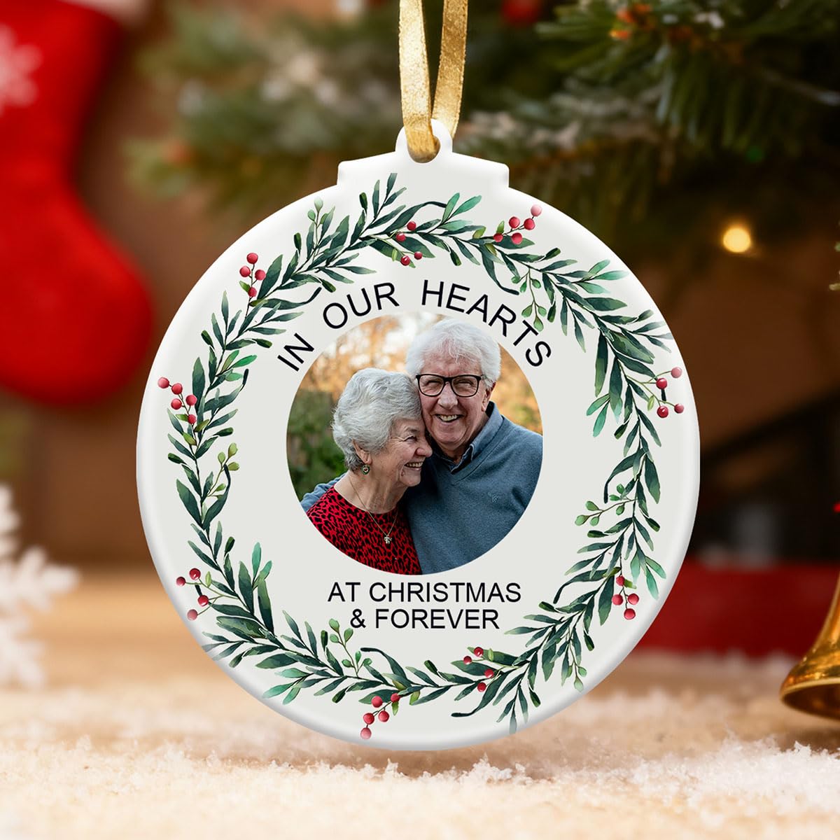 Gutegifts White Personalised Memorial Christmas Ornament – In Our Hearts Keepsake Decoration, Custom Photo Bauble For Remembrance, Sympathy Gift For Mum Dad Grandad Nanny At Christmas