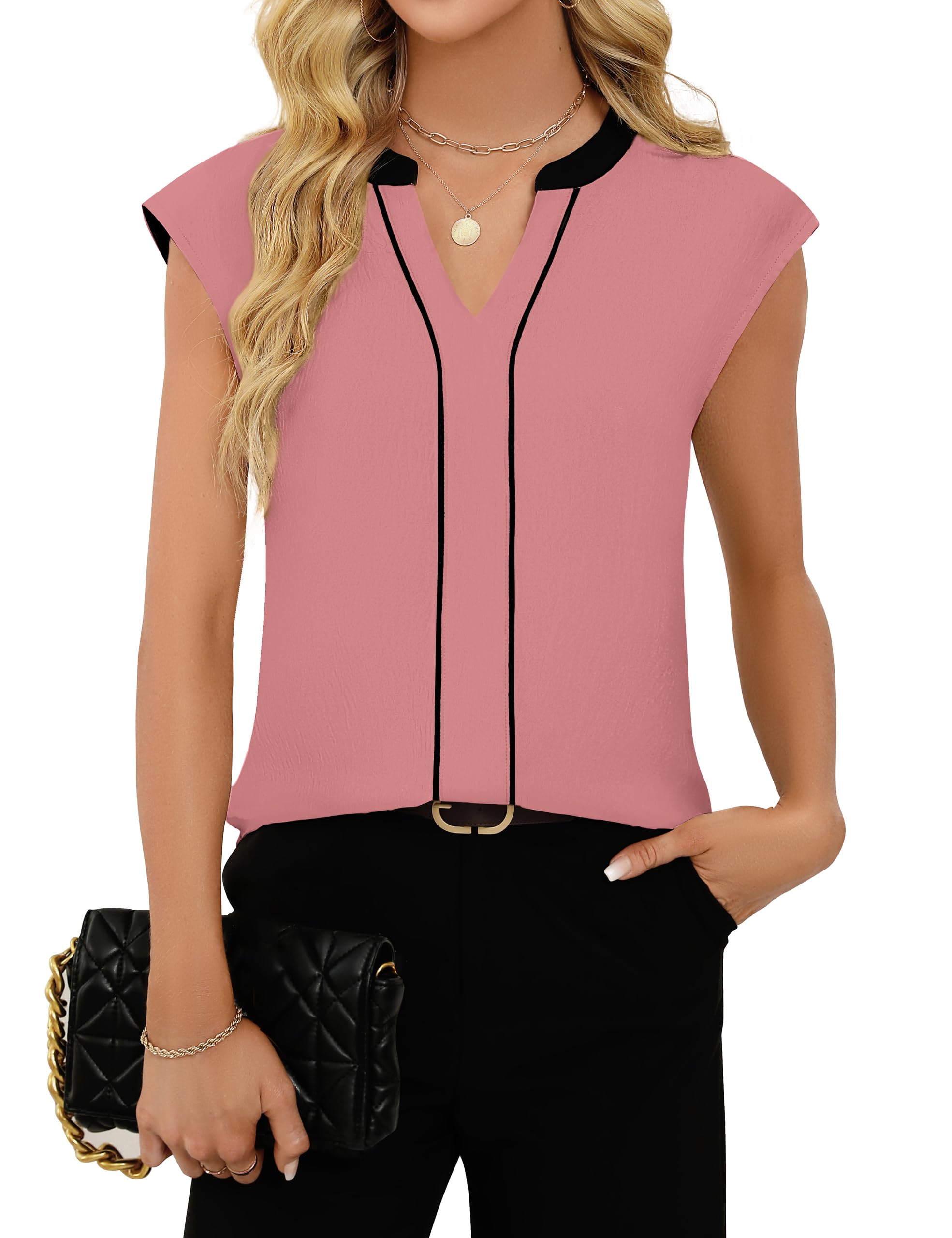 Fayenne Womens Short Sleeve Tops Dressy Casual V Neck Color Block Business Casual Outfits Work Blouses Office Shirts