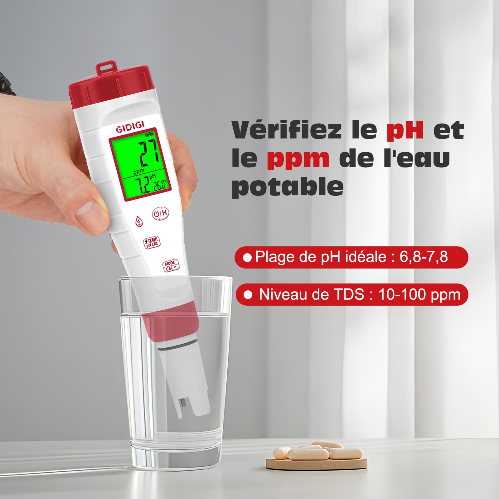 pH-mètre pour l'eau, 4 en 1 Testeur de pH et ppm,Affichage simultané du TDS, du pH, de la CE(conductivité) et de la température pour l'hydroponie, les piscines, les spas et l'eau domestique