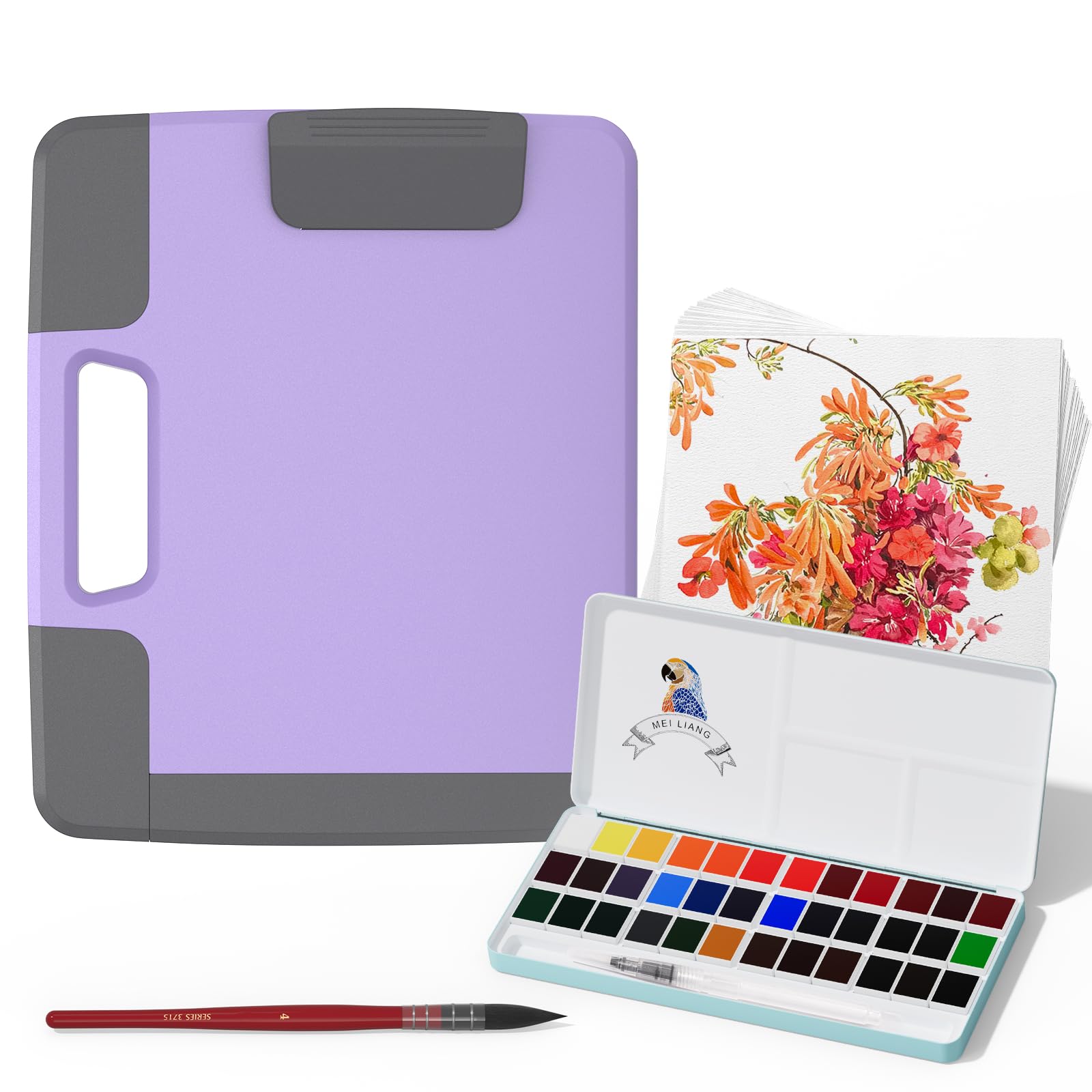 Ensemble de peinture aquarelle de voyage comprenant 36 couleurs aquarelles unies + papier aquarelle 50 % coton de 19,1 x 19,1 cm (20 feuilles) + 1 pinceau aquarelle + organiseur de poche