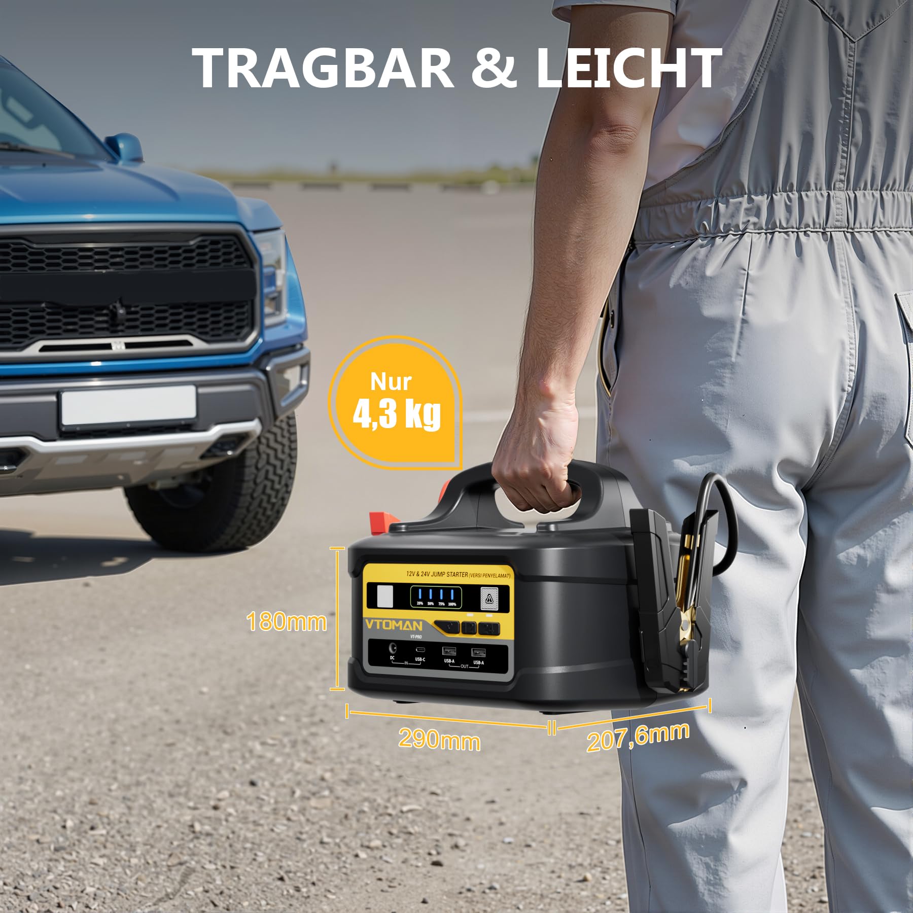 VTOMAN VT-PRO 10000A 12V/24V Starthilfe Powerbank – 58800 mAh Tragbare Autobatterie Starthilfe mit 145W Schnellladung, Starthilfegerät für LKWs, Wohnmobile und Yachten (Alle Benzin & Alle Diesel)