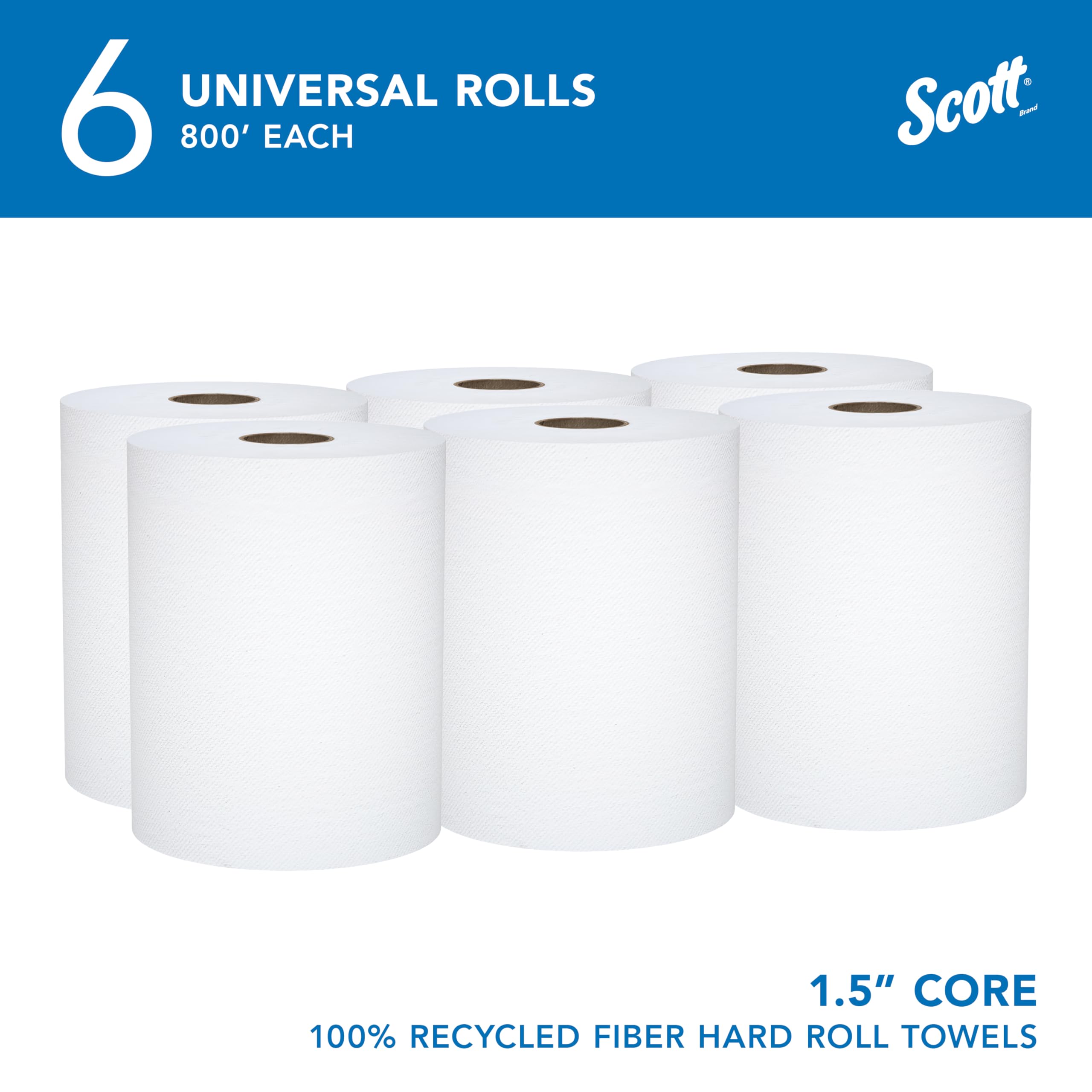 Scott® Asciugamani di carta universali, 100% fibra riciclata, sfusa (56158), nucleo da 1,5 pollici, con tasche assorbenti, colore bianco (800 '/rotolo, 6 rotoli/custodia, 4.800'/scatola)