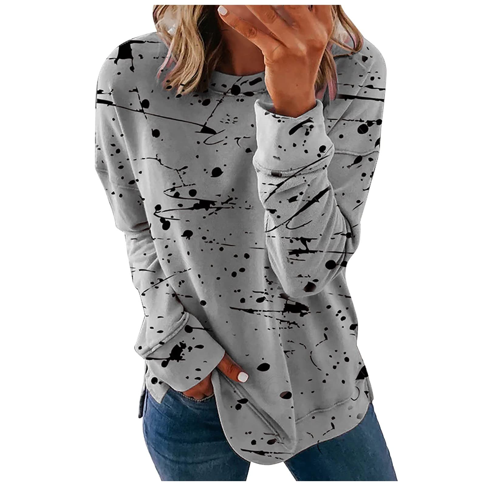 ChicCrate Womens Fashion Print Crew Neck Long Sleeve Shirt 2024 Spring Casual Loose Top Cozy Stretchy Breathable Basic