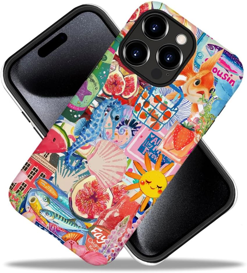 DAIZAG Case Compatible with iPhone 15 Pro,Durable Shock Protection Cover for Girl Women,Fruit Flower Fish Collage image 2