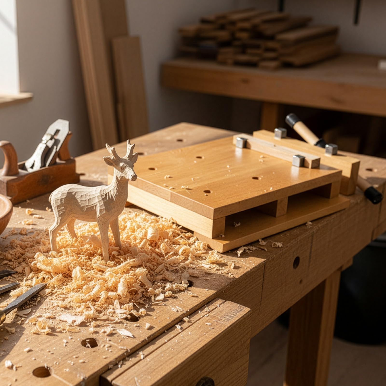 Tragbarer Tischschraubstock, Mini-Werkbank aus Buchenholz mit verstellbaren Spannbacken, mobiler Tischschraubstock 45 x 35 x 7 cm zum Hobeln und Spannen