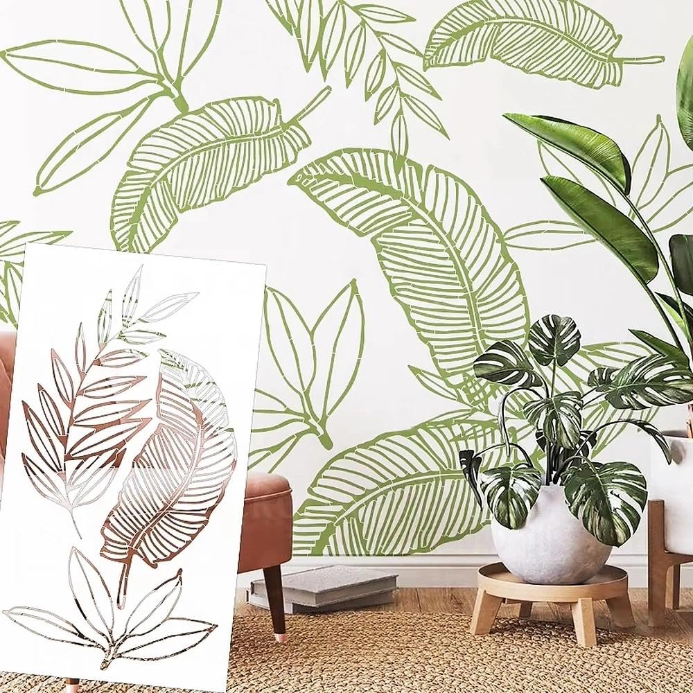 Pochoir feuilles de palmier 97 cm lavable pour relooker un meuble en bois