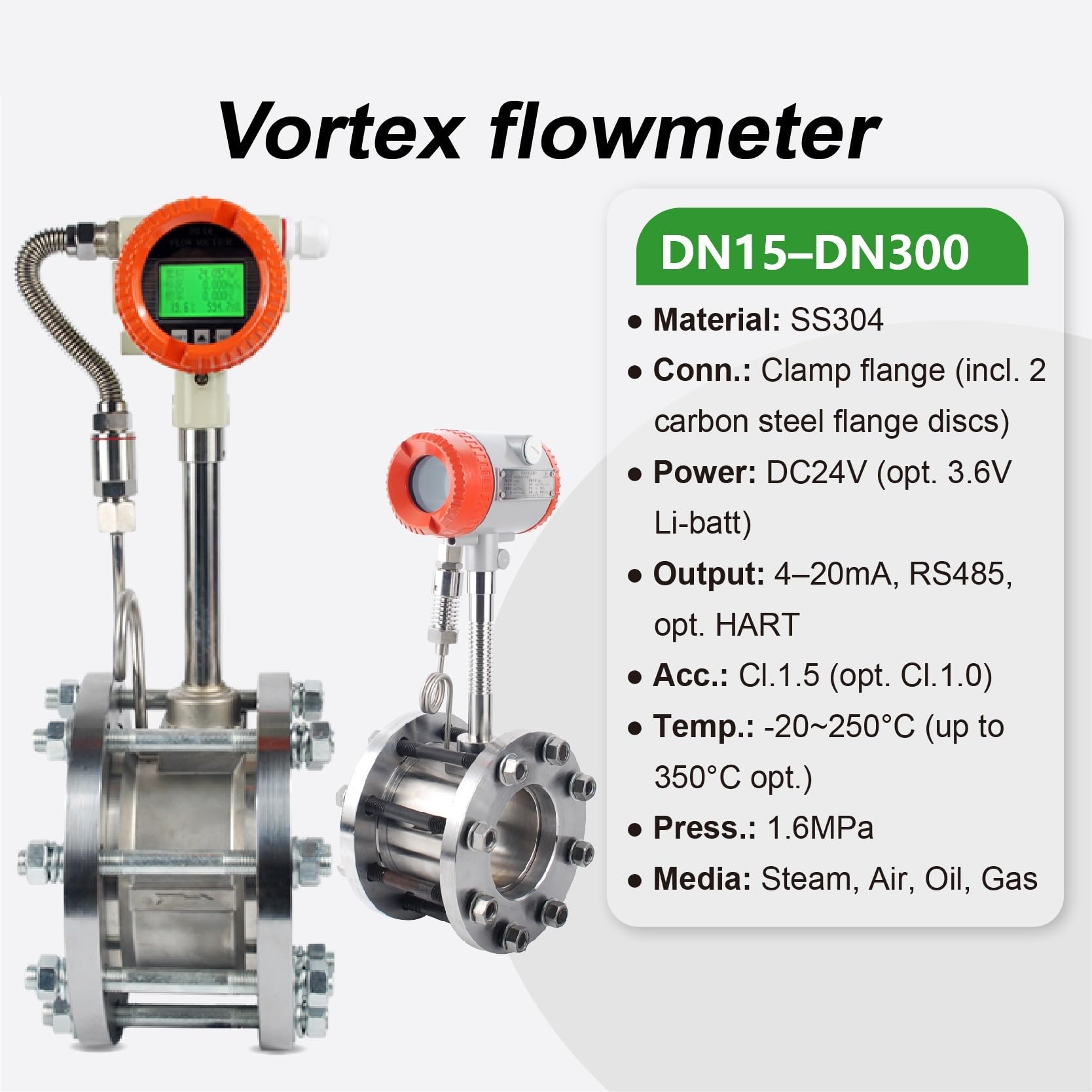 1 Uds medidor de Flujo de vórtice medidor de Flujo de Gas de Vapor DC24V compensación de presión de Temperatura DN15-DN300 Brida de oblea SS304(DN32-compressed Gas)