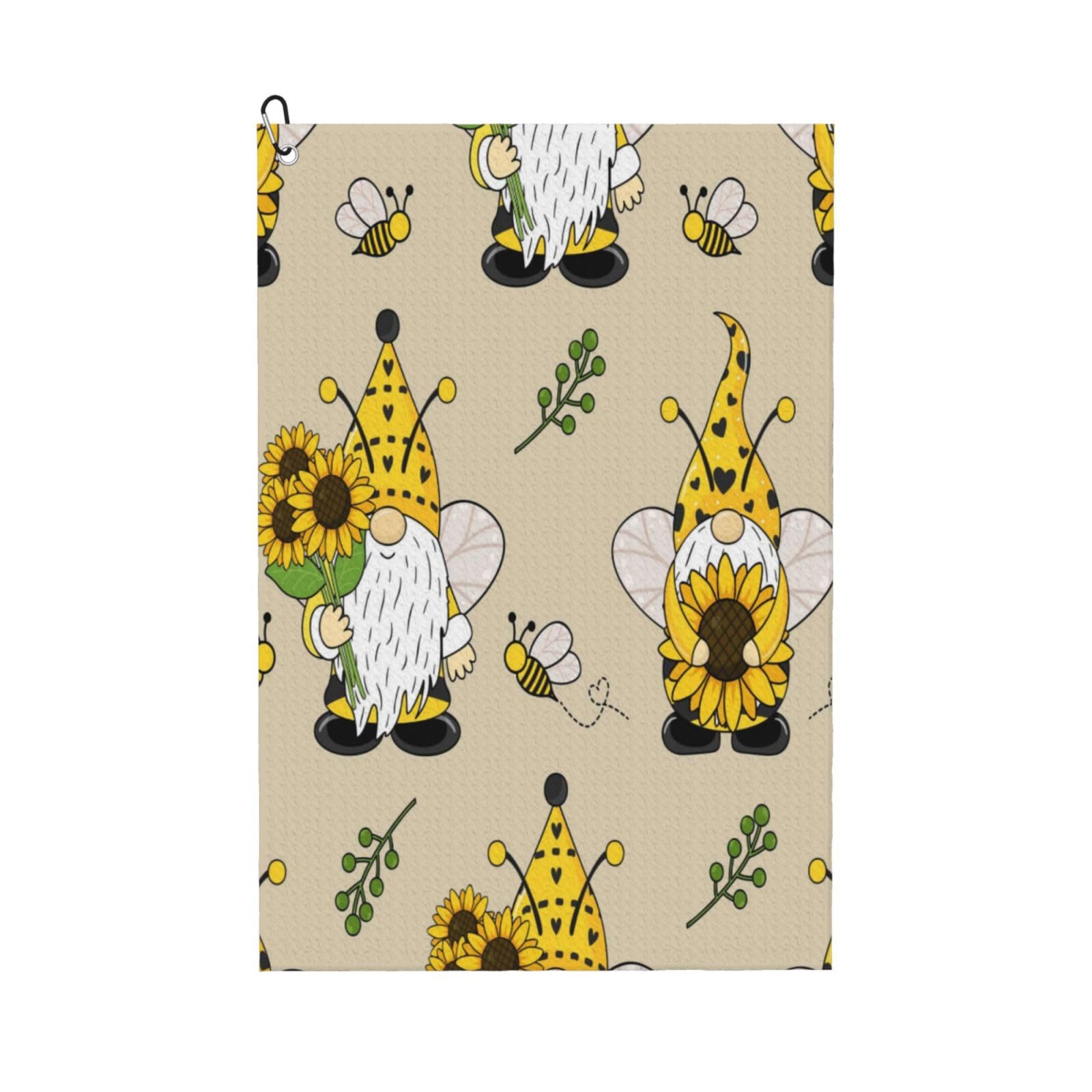 AOOEDM Gnomes Bees and Sunflowers Print Golf Towel with Carabiner Clip Absorbent Microfiber Golf Towel for Cleaning Golf Ball Club Putter Iron for Golf Bag Trolly Belt Loop 16" X 24"