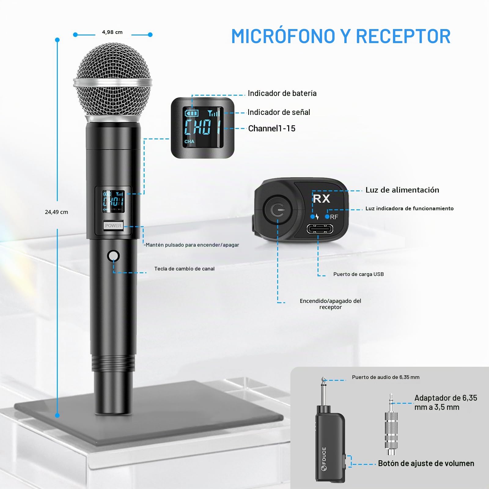 FDUCE W30 Micrófono Inalámbrico, Micrófono Dinámico UHF, Receptor Recargable con Botón de Ajuste de Volumen, para Karaoke, Canto, Fiesta Familiar (60 m)