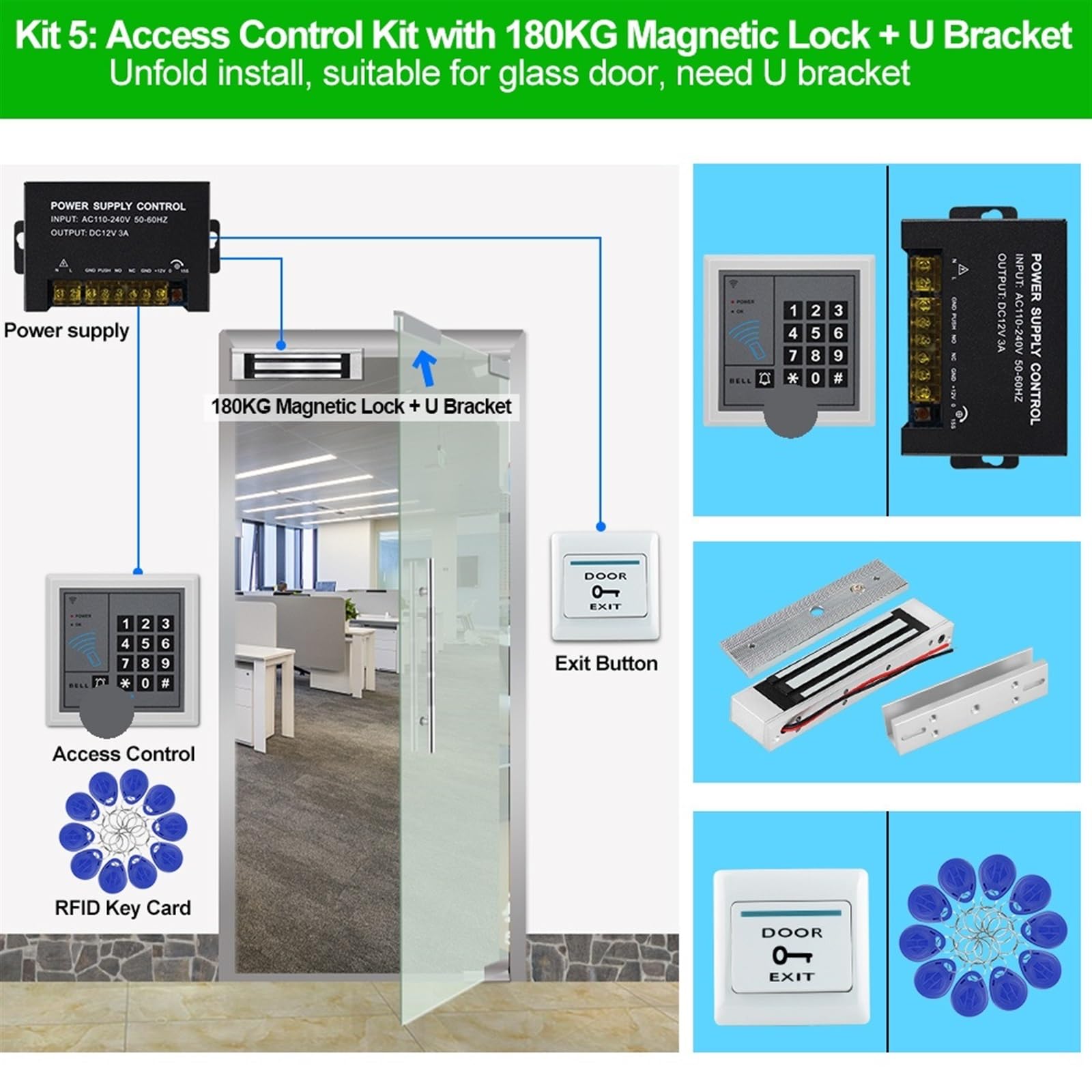 Kit de de Control de Acceso de Puerta, Controlador de Acceso con Teclado RFID WiFi Tuya, cerraduras magnéticas eléctricas, desbloqueo por aplicación remota Inteligente(Kit5 (180KG Lock U))