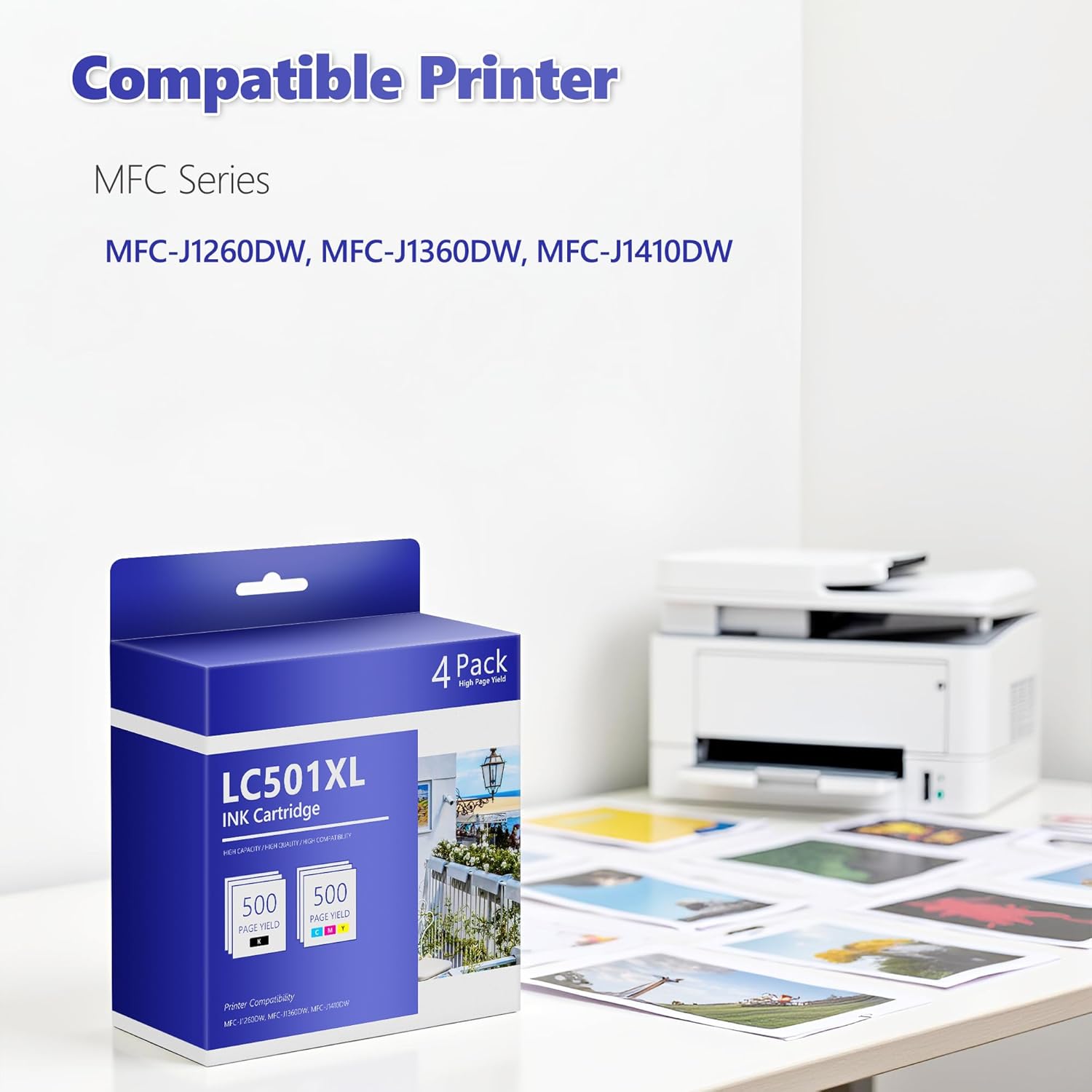 LC501XL High Yield Ink Cartridge Replacement for Brother LC501 LC501XL to use with MFC-J1260DW MFC-J1360DW MFC-J1410DW Printers(4-Pack)