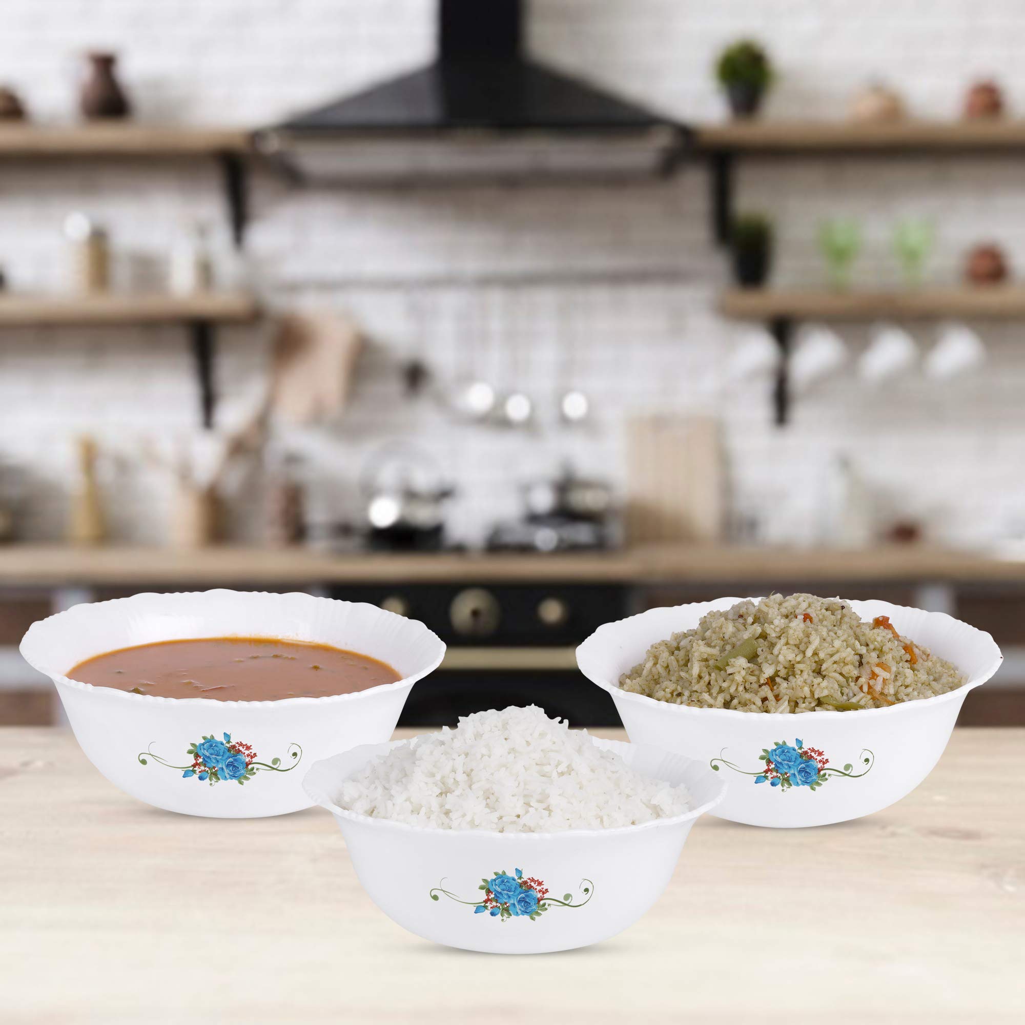 Round Serving Dish with Floral Printed Design for Families, Microwave-Safe, Unbreakable, Chip-Resistant, Dishwasher-Safe, Freezer-Safe, 1800ml, Set of 3 (Blue Rose)