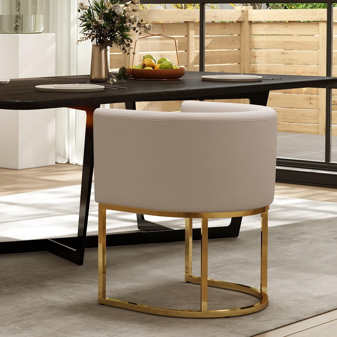 RIVOVA Cream Dining Chair Mid Century Modern Dining Chair with Golden Metal Legs, Linen Upholstered Accent Arm Chair for Dining Room, Kitchen, Vanity, Living Room