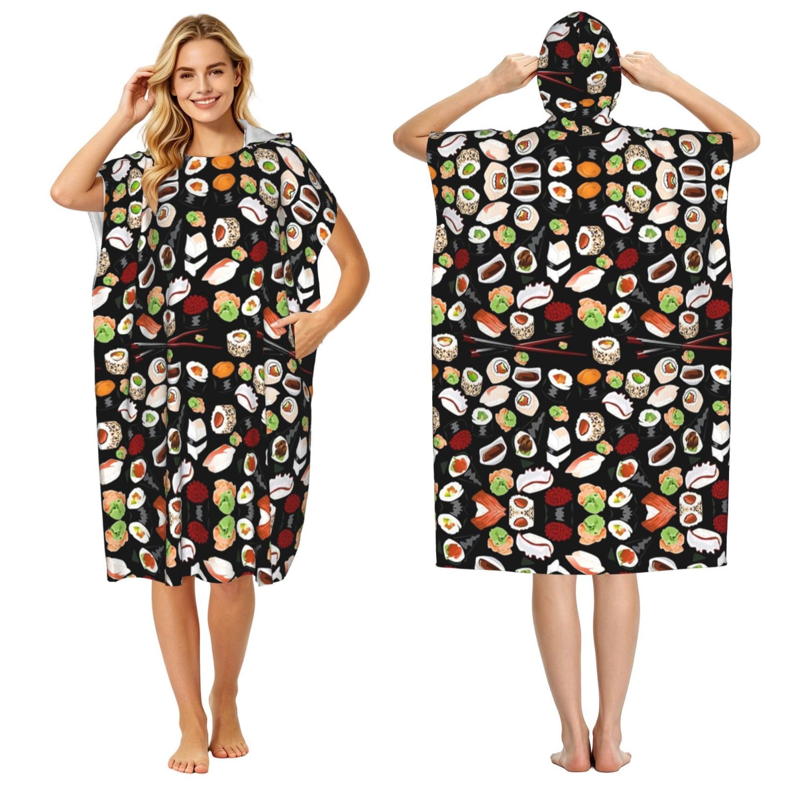 EZDLOWVBA Japanese Sushi Black Print Hooded Poncho Microfiber Beach Towel,Adult Women & Men Changing Robe,Lightweight Summer Surf Swim Bath Poncho Towel