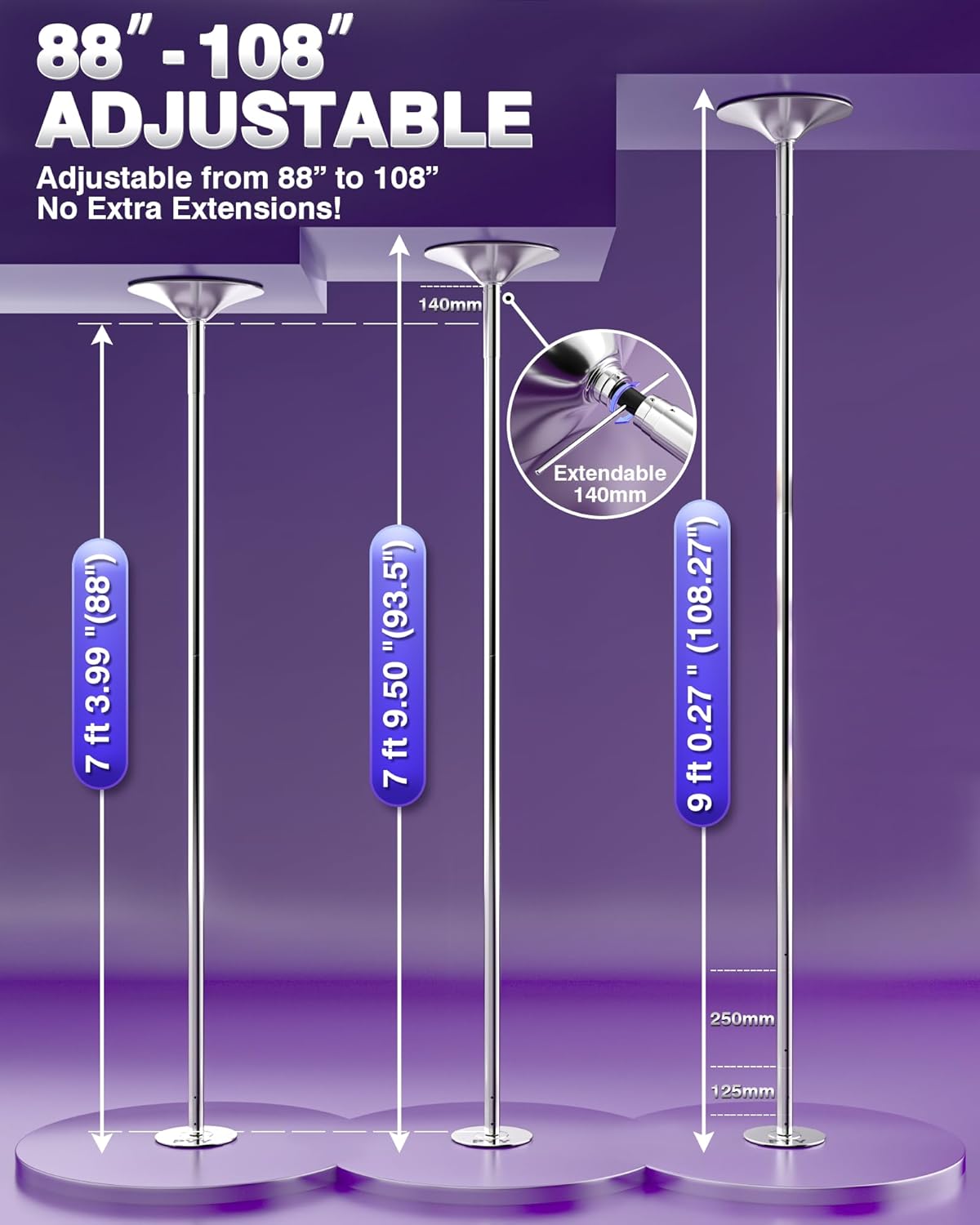 PYY Dance Pole - Adjustable & Portable Dancing Pole for Gym Studio Pub, Chrome Finish, Spinning & Static Modes, No Drilling Required, w/Remote LED Stage Lights