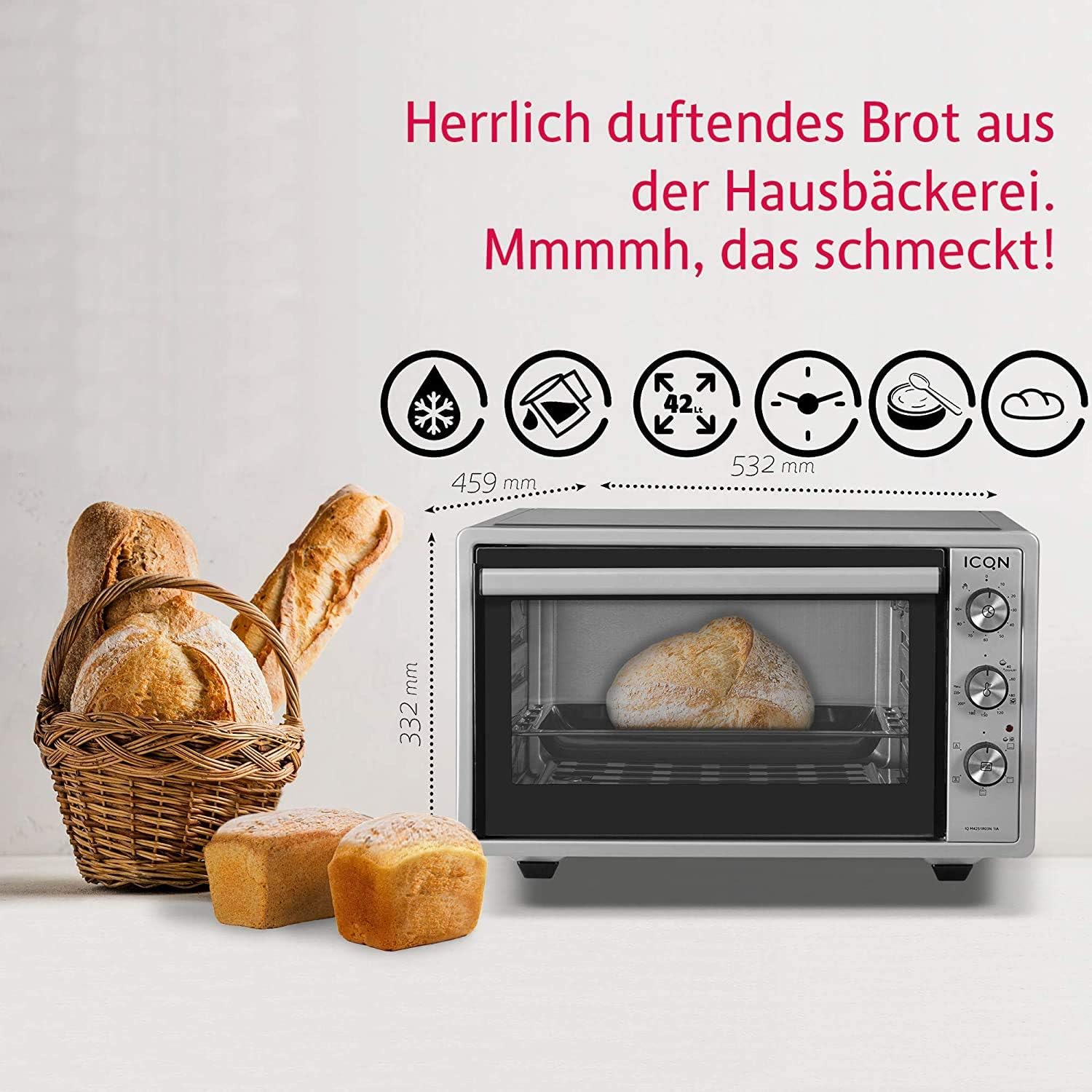 ICQN 42L Mini Electric Oven with bread and dimensions