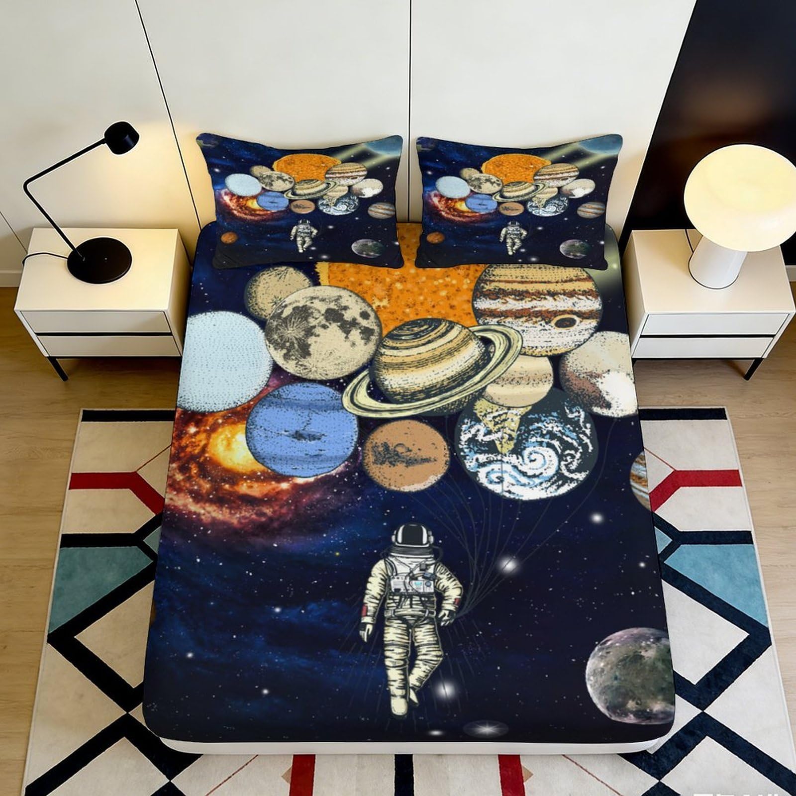 3D Printed Galaxy Starry Sky Fitted Sheet Microfiber Soft Astronaut Cosmic Nebula Mattress Cover for Bedroom Decor 90x200x25cm