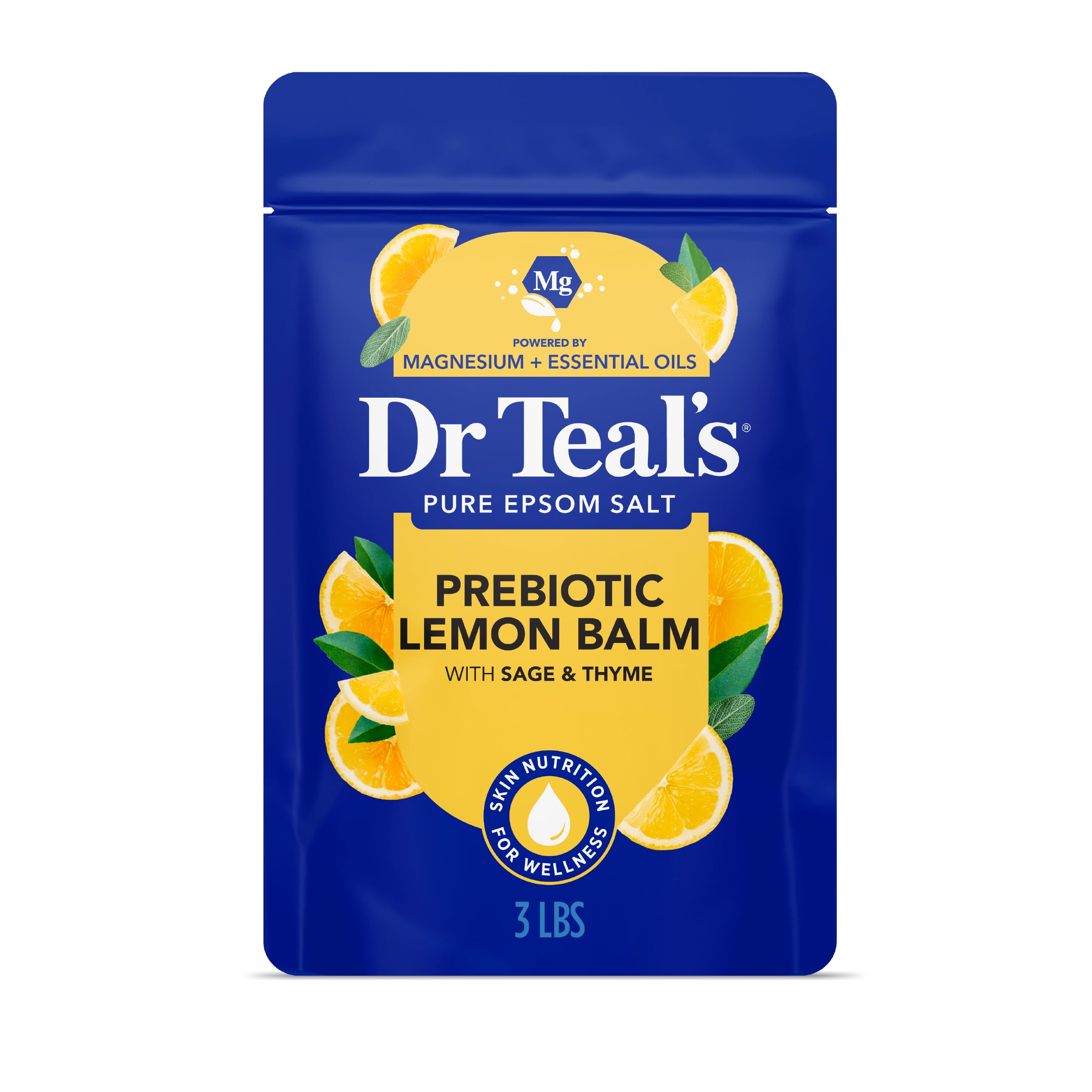 Dr Teal's Pure Epsom Salt Soaking Solution, Prebiotic Lemon Balm, 3 lbs
