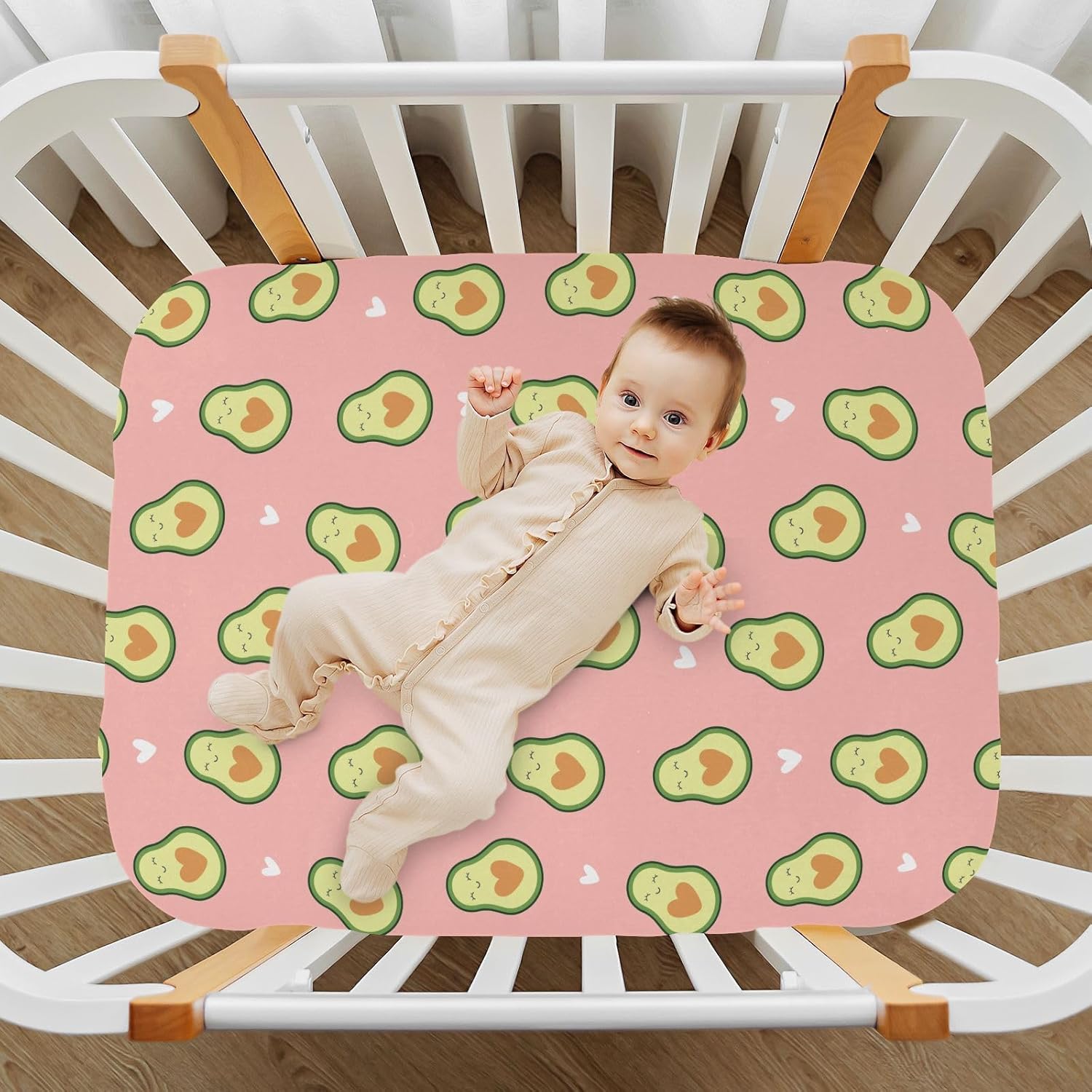 Fitted Crib Sheets Pink Heart Avocados Stretchy Portable Playard Sheets for Baby Toddler, Breathable Soft Mini Crib Mattress 52 x 28 in for Boys and Girls