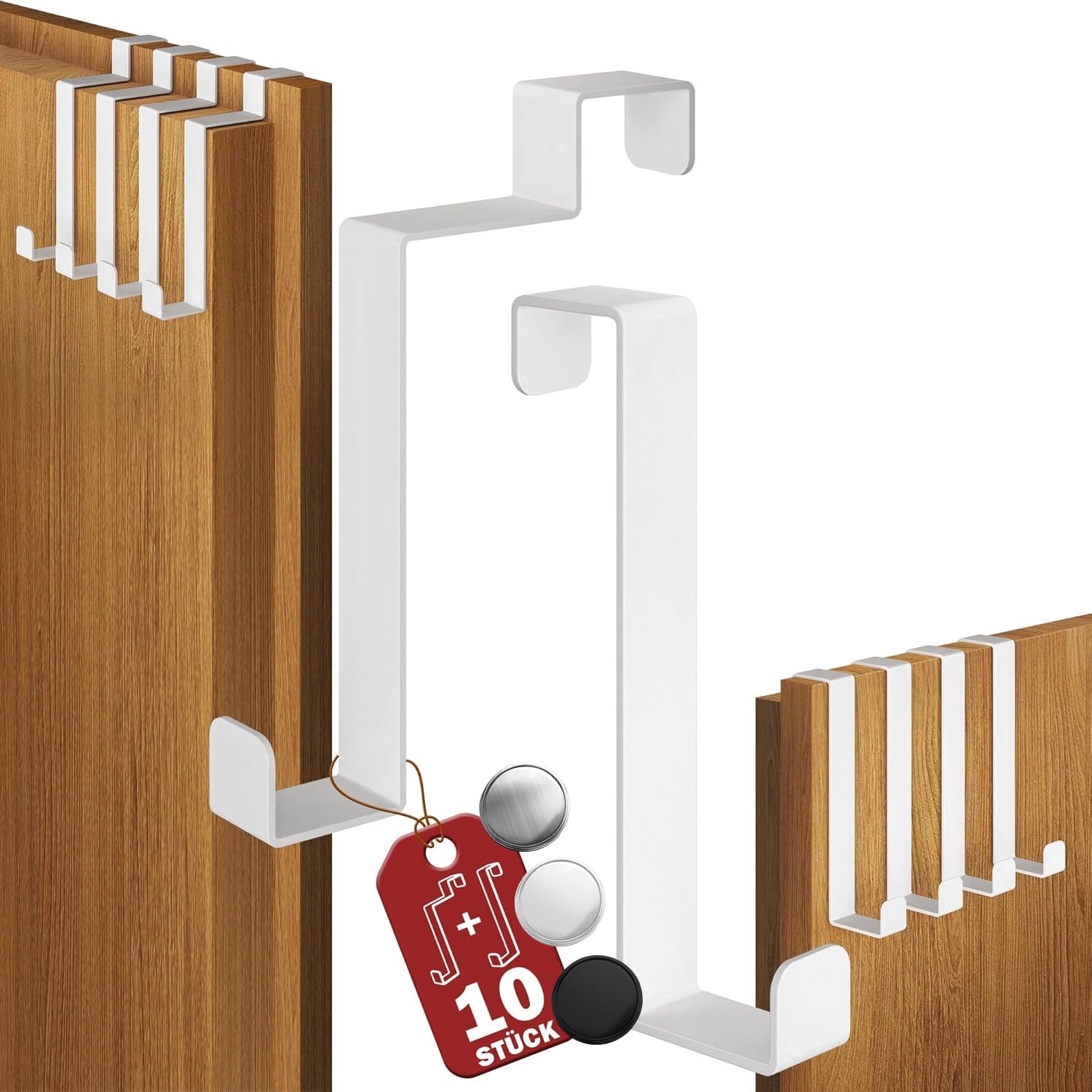 Menz Türhaken zum Einhängen, 10 Stück Set in Weiß - 5 x Standard Kleiderhaken Tür + 5 x Türhaken Innenseite, individuell verwendbar, stabile Türgarderobe, Türhakenleiste