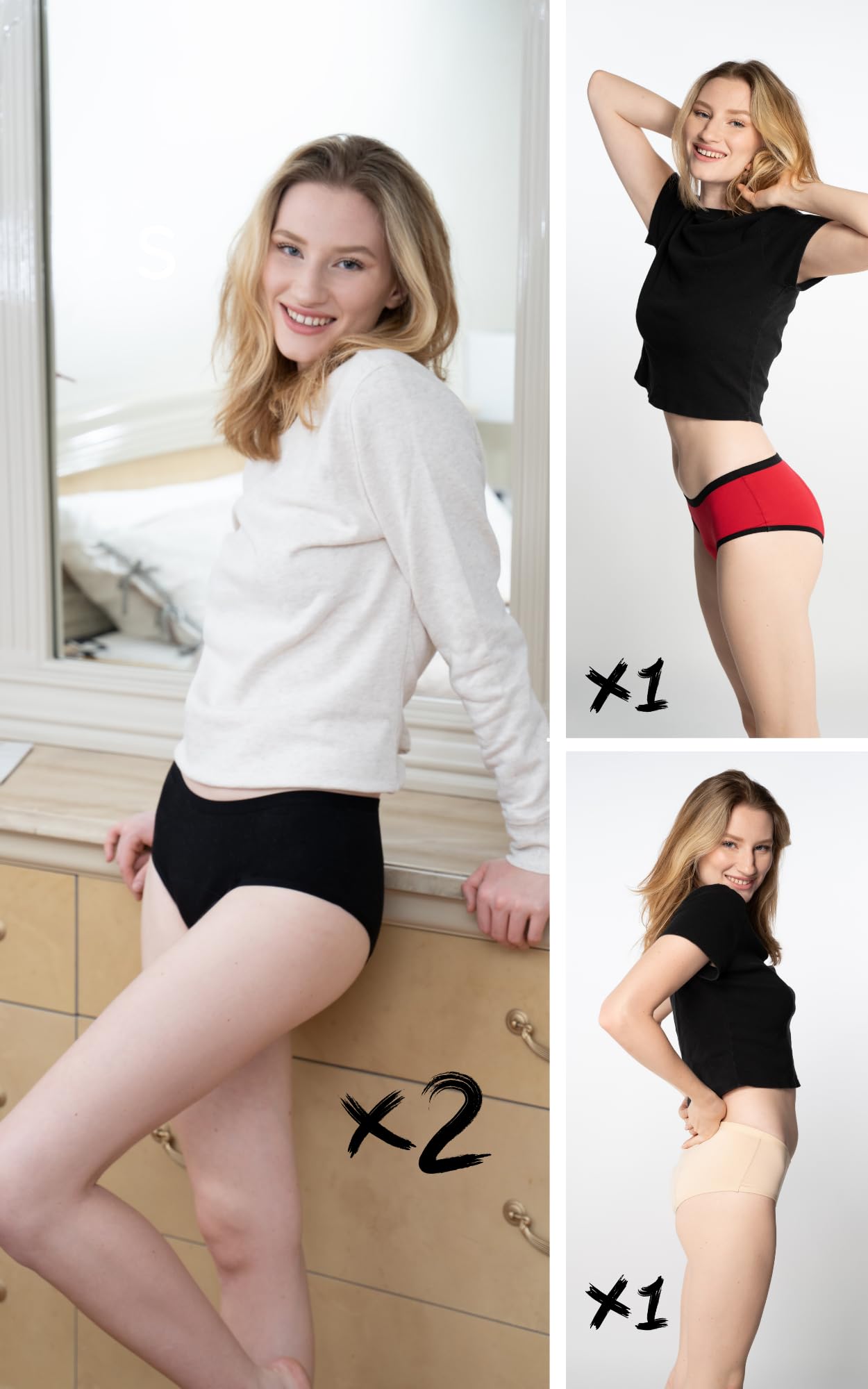 NoBlood - Lot de 4 Culottes Menstruelles Style Shorty - Starter Pack Économique - Flux abondant XXS-4XL en Coton Lavable - Culotte Règles Menstruelle Confortable