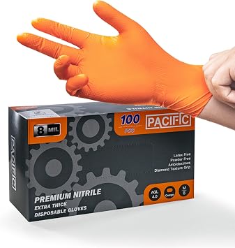 PACIFIC PPE 8 Mil Heavy Duty Strength Nitrile Gloves, Chemical Resistant, Diamond Texture Industrial Disposable Gloves, Orange, 100PCs, Medium