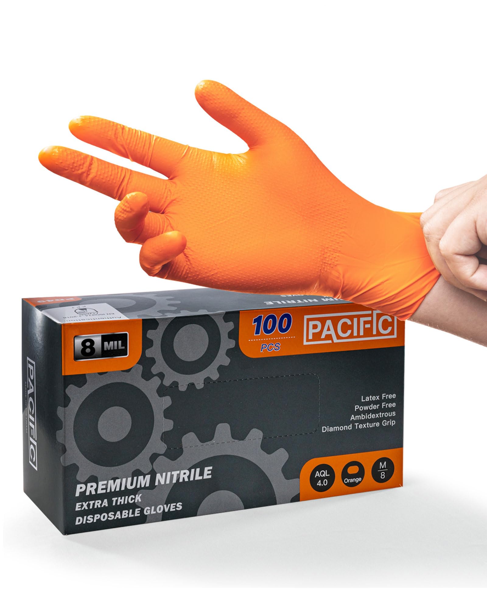 PACIFIC 8-mil Guantes Desechables de Nitrilo Naranja, Heavy-Duty, Industrial, Mecánico, Con Textura de Diamante, Sin Látex, Sin Polvo, EN 374, M/8