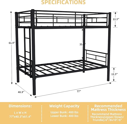 Miniatura 47 de GNIXUU Literas de tamaño individual sobre matrimonial, marco de literas bajas de metal resistente con barandilla de seguridad y escalera para
