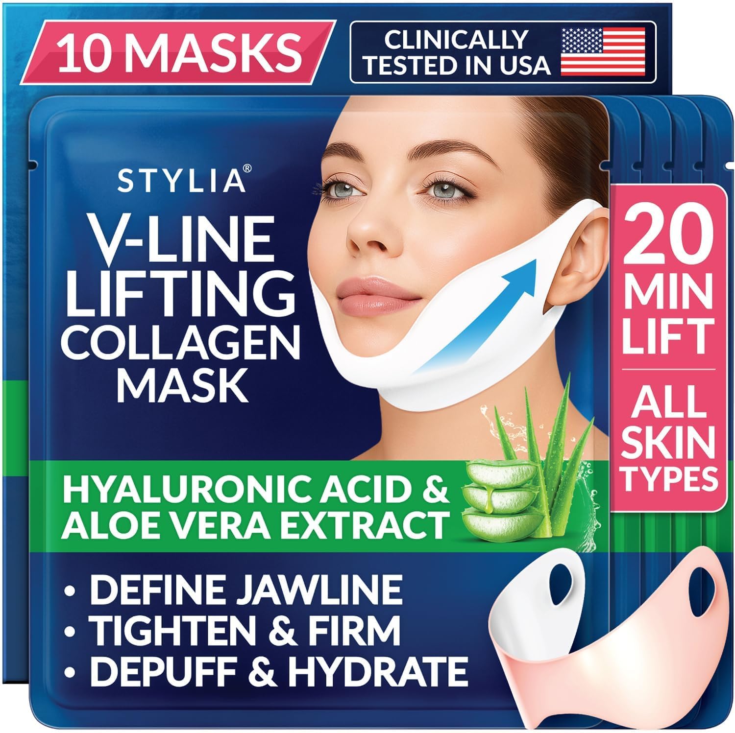 Stylia V Line Lifting Collagen Mask - Lift, Firm & Contour Jawline - Tightening Double Chin Strap with Hyaluronic Acid & Aloe - Neck Tightening and Lifting Mask - Jawline Shaper Face Lift Tape (10PC)