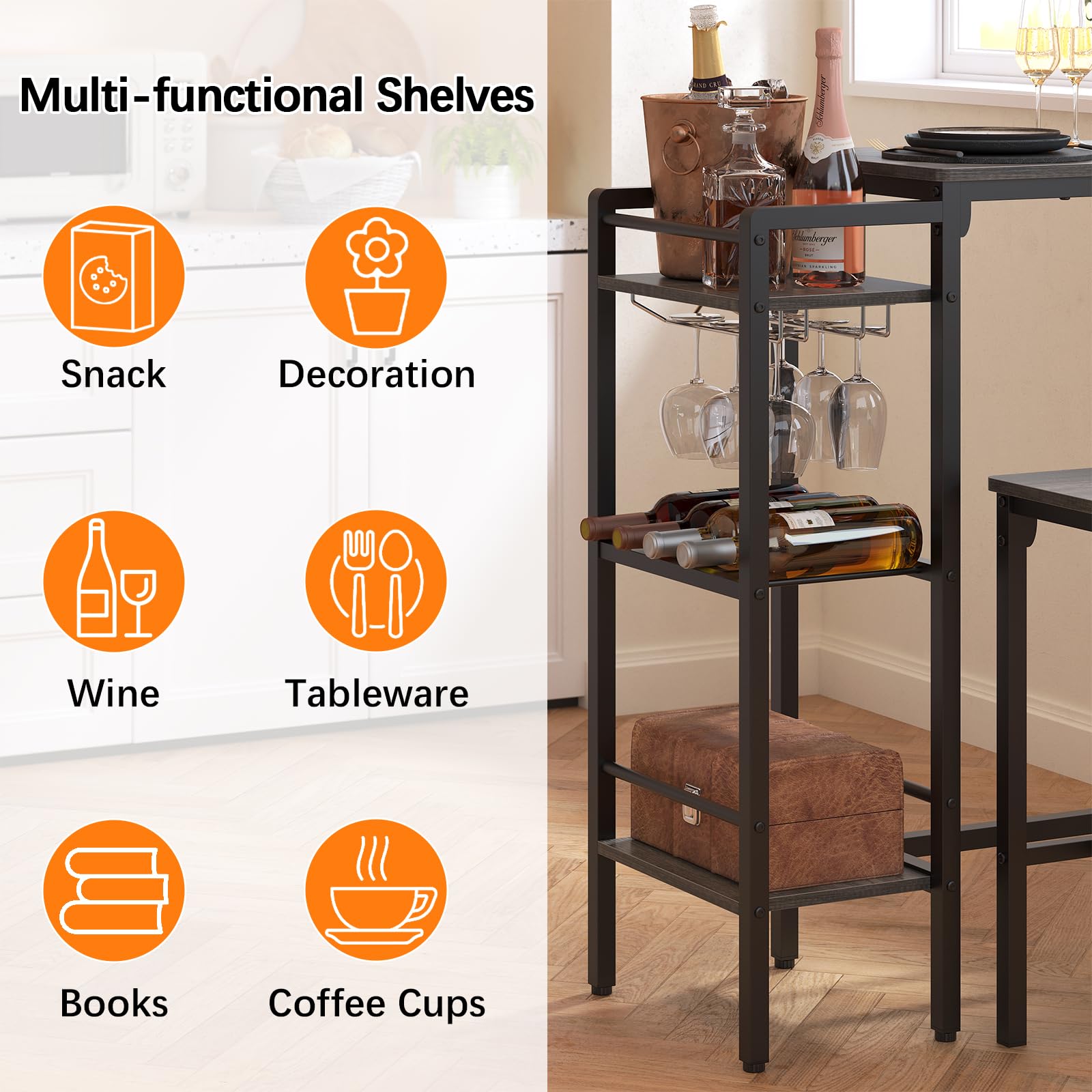 Juego de mesa de bar y sillas para cocinas y apartamentos pequeños, juego de mesa de comedor que ahorra espacio para 2, 3 estantes de almacenamiento con estante de vino integrado, juego de mesa 5