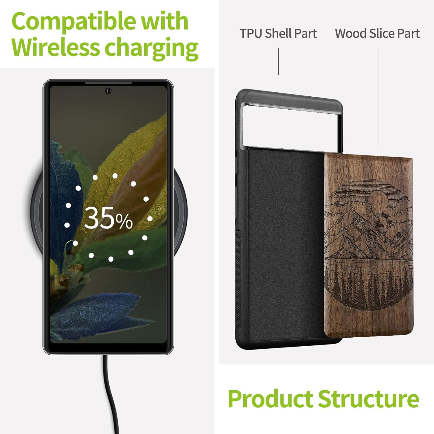 Carveit Wood Case for Pixel 8a Case [Natural Wood & Black Soft TPU] Shockproof Protective Cover Unique Wooden Design Compatible with Google Pixel 8a (Alpine Lakes-Walnut)