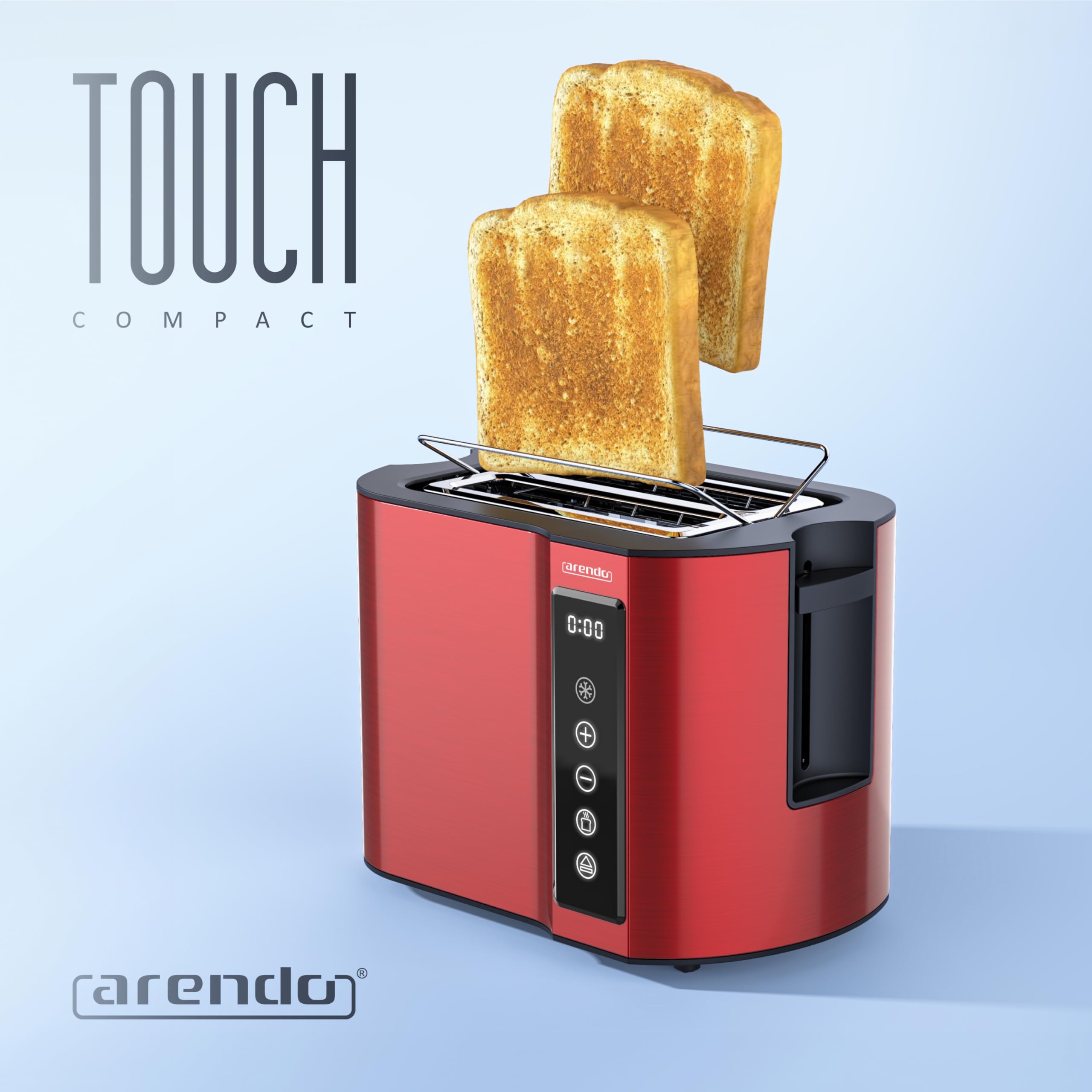 Arendo - Touch Toaster 2 Scheiben Edelstahl - Touchpanel - digital Display Restzeitanzeige - 800 W – Doppelwandgehäuse – mit Brötchenaufsatz – 7 Bräunungsgrade – Brotscheibenzentrierung - Rot