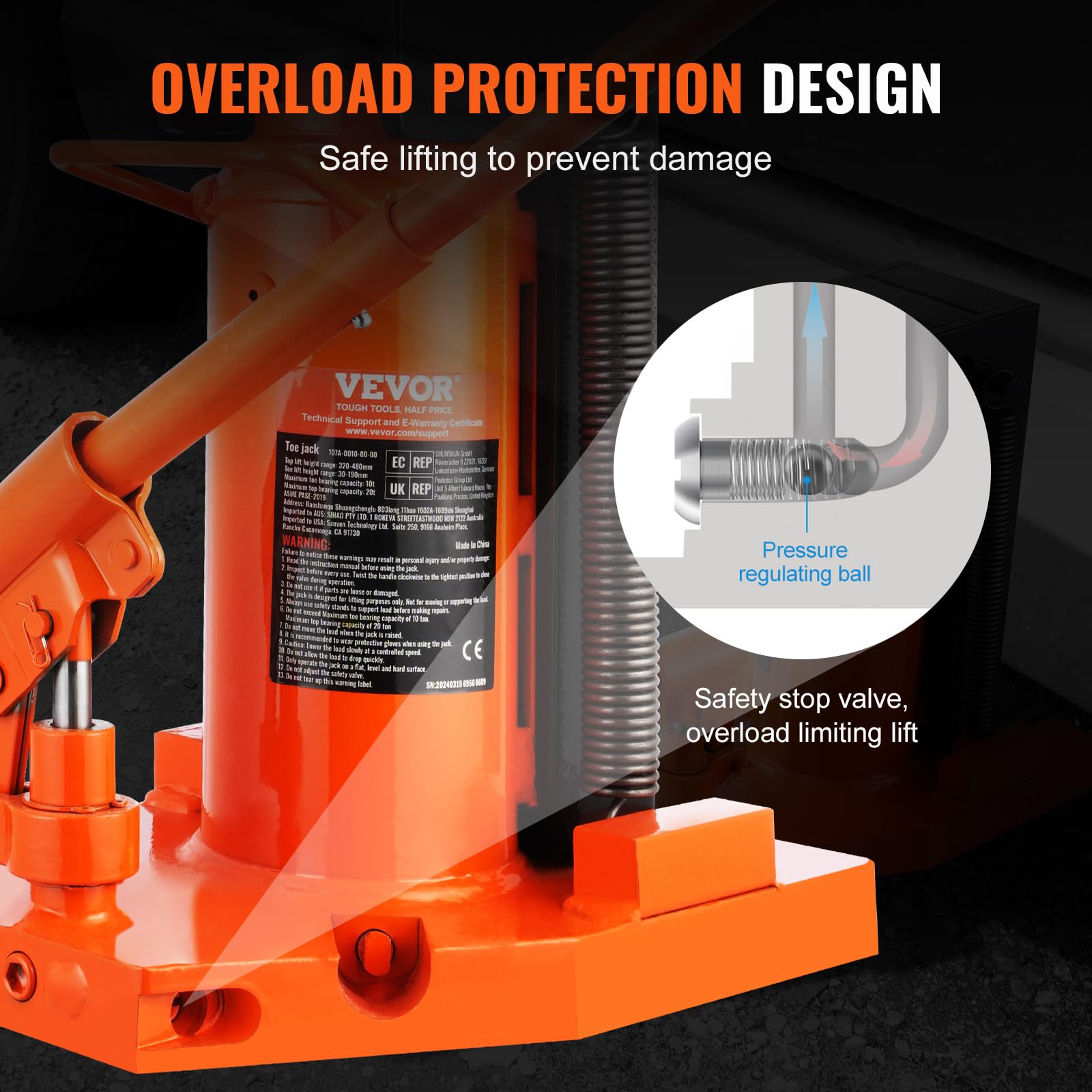 VEVOR Cric Idraulico con Punta 297 x 210 x 315 mm Cric per Martinetto Idraulico, Sollevatore 10 Tonnellate sulla Punta, 20 Tonnellate con Capacità di Sollevamento Superiore, per Macchinari, Industria