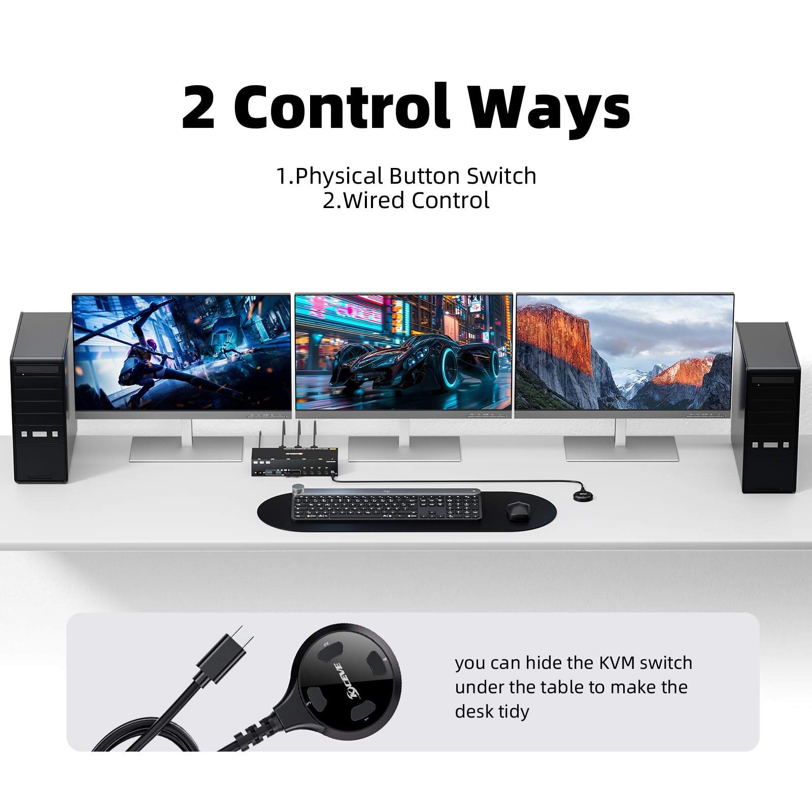 KVM Switch 3 Monitores 4 PC, 2 DisplayPort + 1 HDMI Conmutador KVM USB 3.0, compatible con 4K@60Hz para 3 ordenadores que comparten 2 monitores DP, teclado y ratón