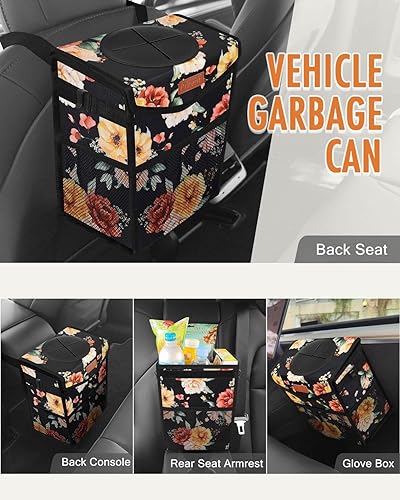 Vista 63 de Bote de basura para automóvil con tapa, bonito cubo de basura a prueba de fugas para colgar el vehículo, pequeño organizador portátil para asientos