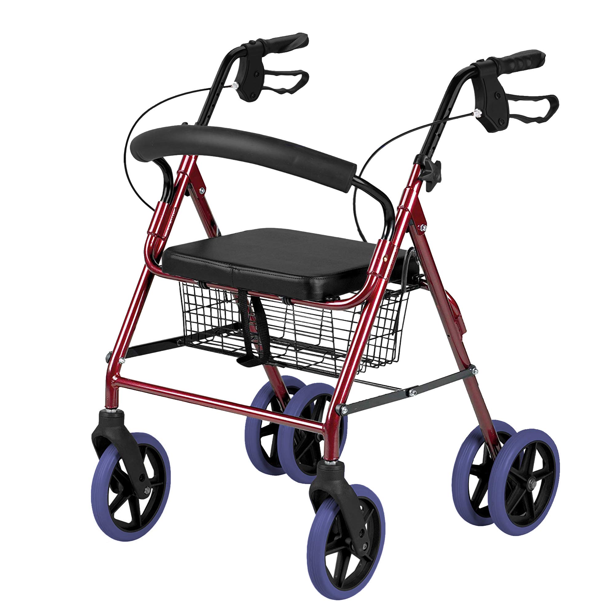 BRICOZONE Deambulatore Pieghevole 6 Ruote Regolabile In Altezza Con Seduta Cuscino E Cestino Struttura Leggera In Alluminio Dispositivo Medico Ideale Per Anziani E Mobilità Ridotta (Rosso Rubino)
