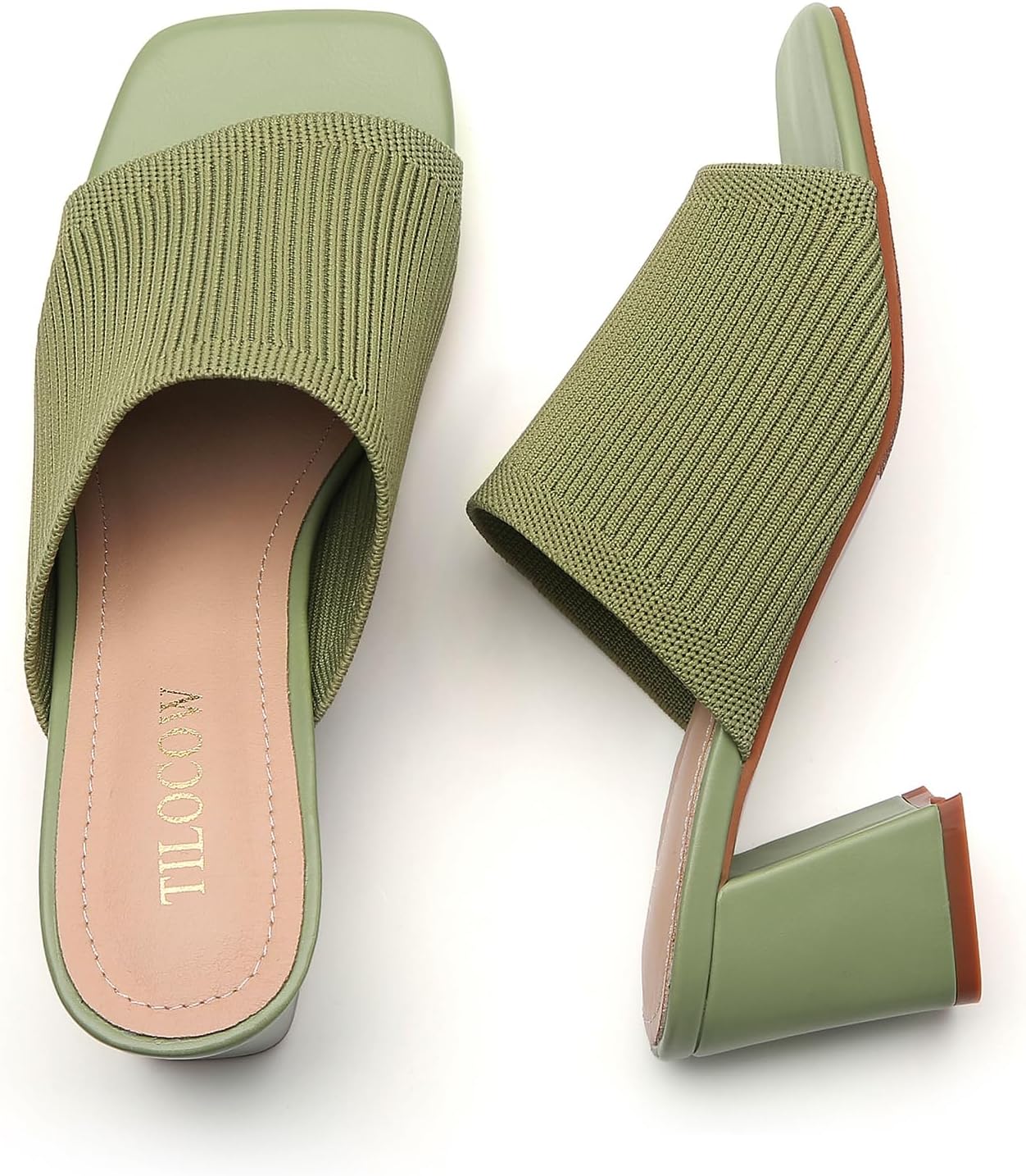 Tilocow Knit Heeled Sandals for Women, Square Open Toe Heels Sandals, Chunky Block Low Heel Slip On Mules - Image 8