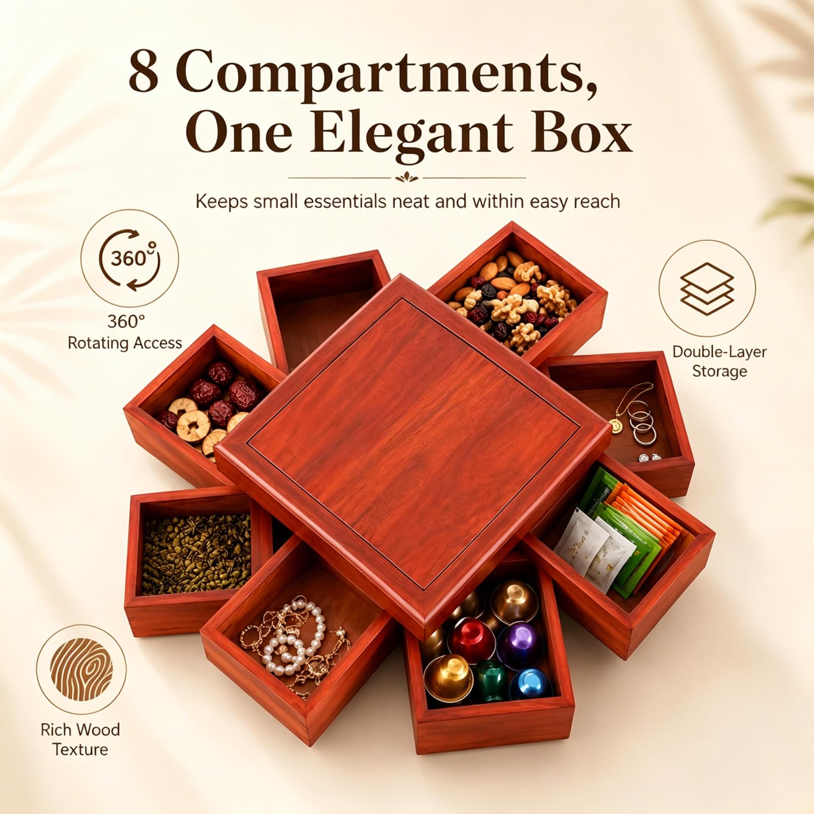 360°-snackbox Aus Holz Für Trockenfrüchte, EIN-/zweistöckiges Snacktablett Mit Deckel, Geschenkkorb Für Trockenfrüchte Mit 4/8 Fächern Für Trockenfrüchte Und Nüsse Single Layer