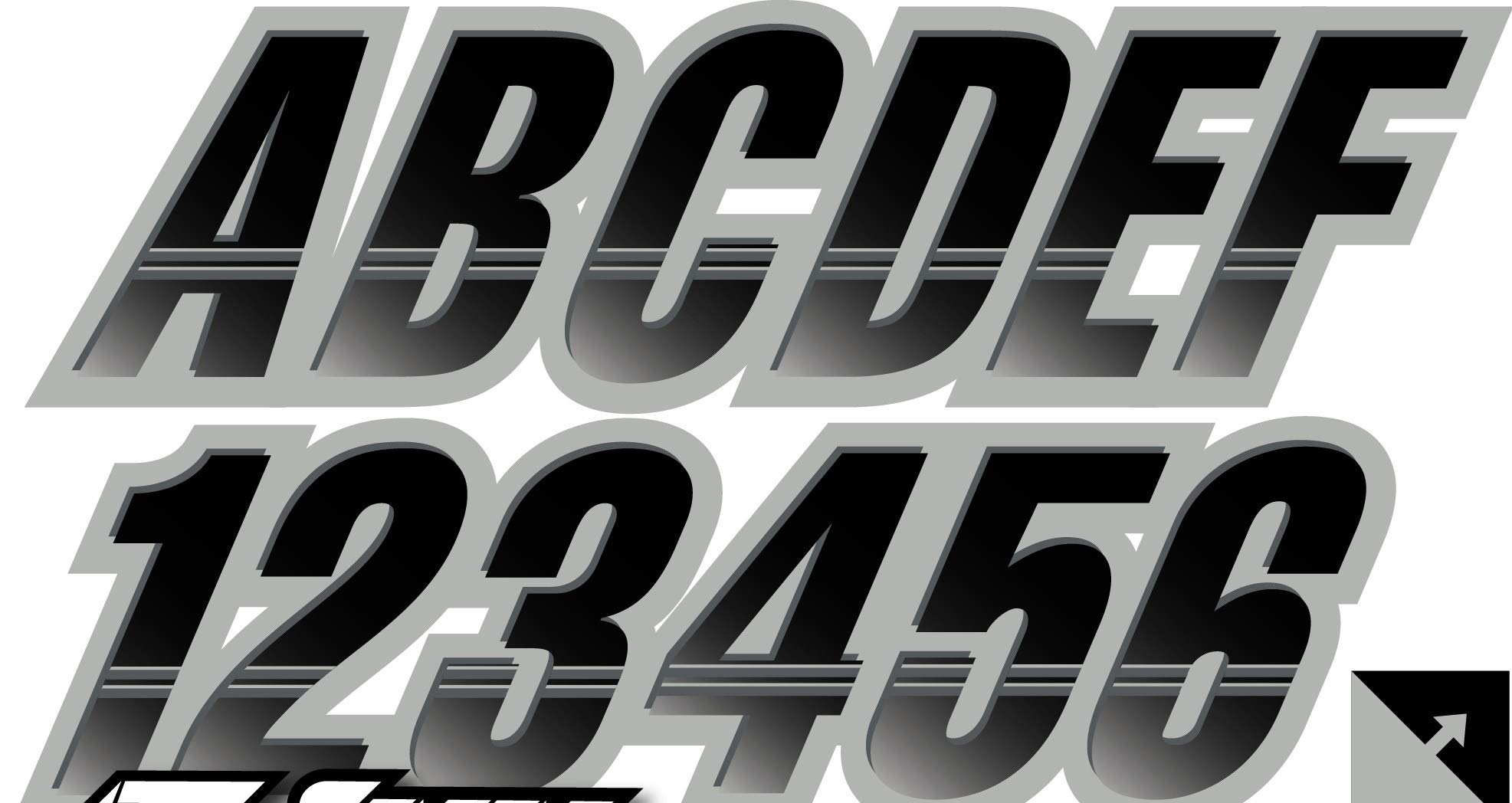 Stiffie Techtron Black/Silver Super Sticky 3" Alpha Numeric Registration Identification Numbers Stickers Decals for Sea-Doo Spark, Inflatable Boats, Ribs, Hypalon/PVC, PWC and Boats.