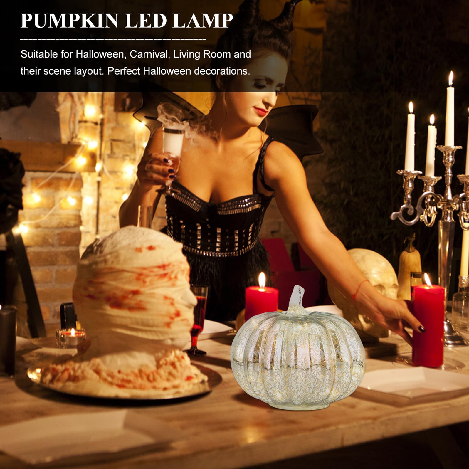 Halloween LED Świecąca Lampa Dyniowa Ze Srebrnym Efektem Migotania bez Baterii Dekoracja Imprezy Dom i Bar Bezpieczna i Flameless