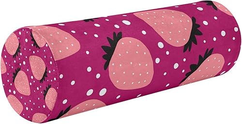 Cartoon Strawberry Dotted Pink Round Bolster Pillow Cervical Neck Roll Pillow Round Pillows for Bed for Leg Support Cylinder Pillows for Neck