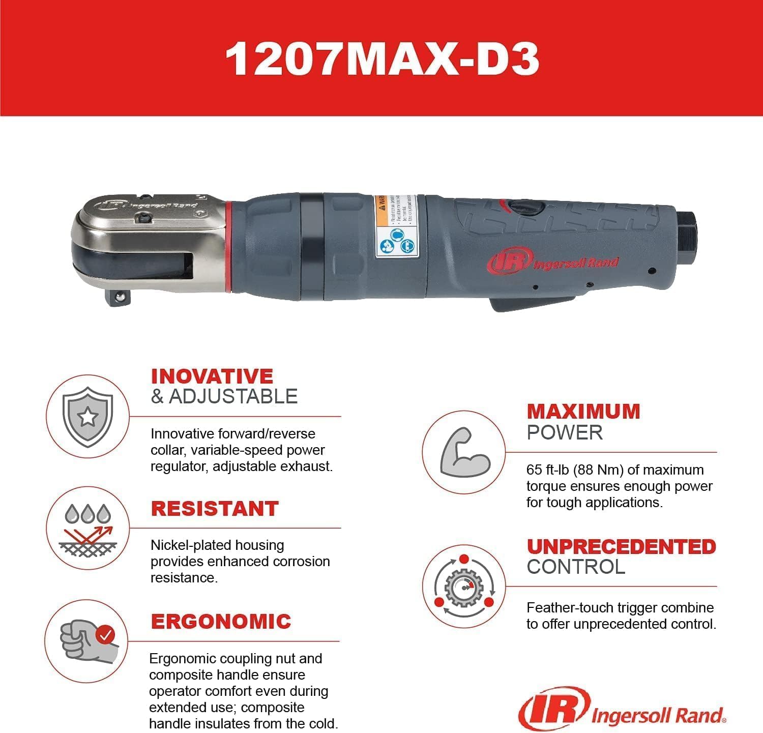 Ingersoll Rand 1207MAX-D3 3/8” Drive Air Ratchet Wrench, Power Tool w/ Up to 65 ft lbs / 88 Nm Torque Output, Max Control, Variable Speed Regulator, Adjustable Exhaust, Feather Touch Trigger, Gray