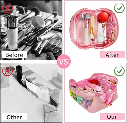 Miniatura 5 de Huifen Bolsa de aseo con letras bordadas, de chenilla, de nailon, impermeable, bolsa de aseo para mujer, portátil, multifuncional, de gran