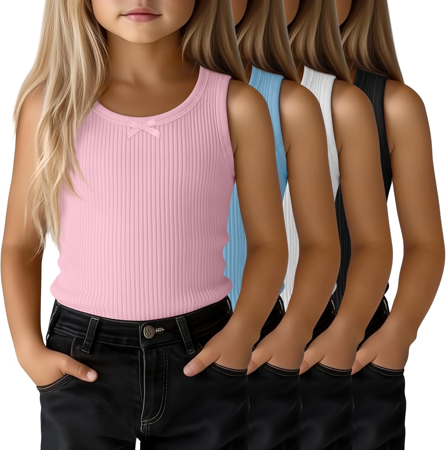 4 Pack Girls' Tank Tops Ribbed Round Neck Sleeveless Undershirts Wide Strap Camisoles Kids 5-14 Years