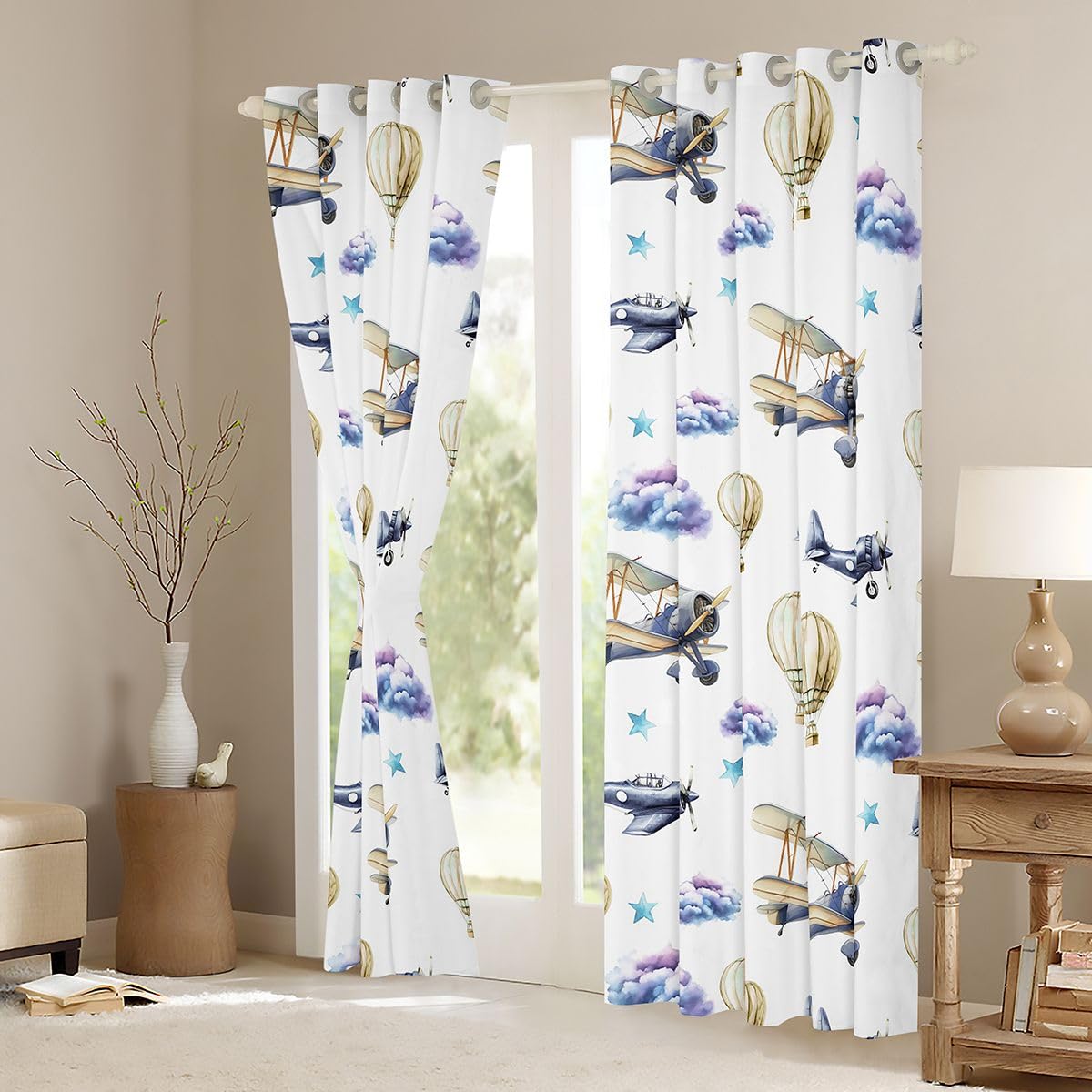 Homewish Tende per finestre a forma di aeroplano, 168 x 228 cm, set di 2 pannelli, tende oscuranti con mongolfiera, nuvole, stelle, combattimento, aeromobili, tende ad acquerello disegnate a mano per