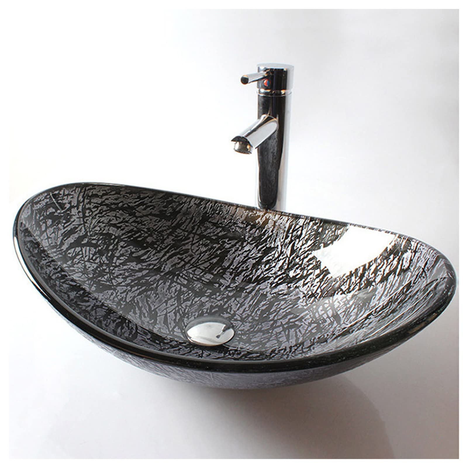 WOTZOV Tempered Glass Bathroom Sink Combo With Waterfall Faucet And Pop-Up Drain Oval Vessel Sink For Contemporary Style And Modern Decor